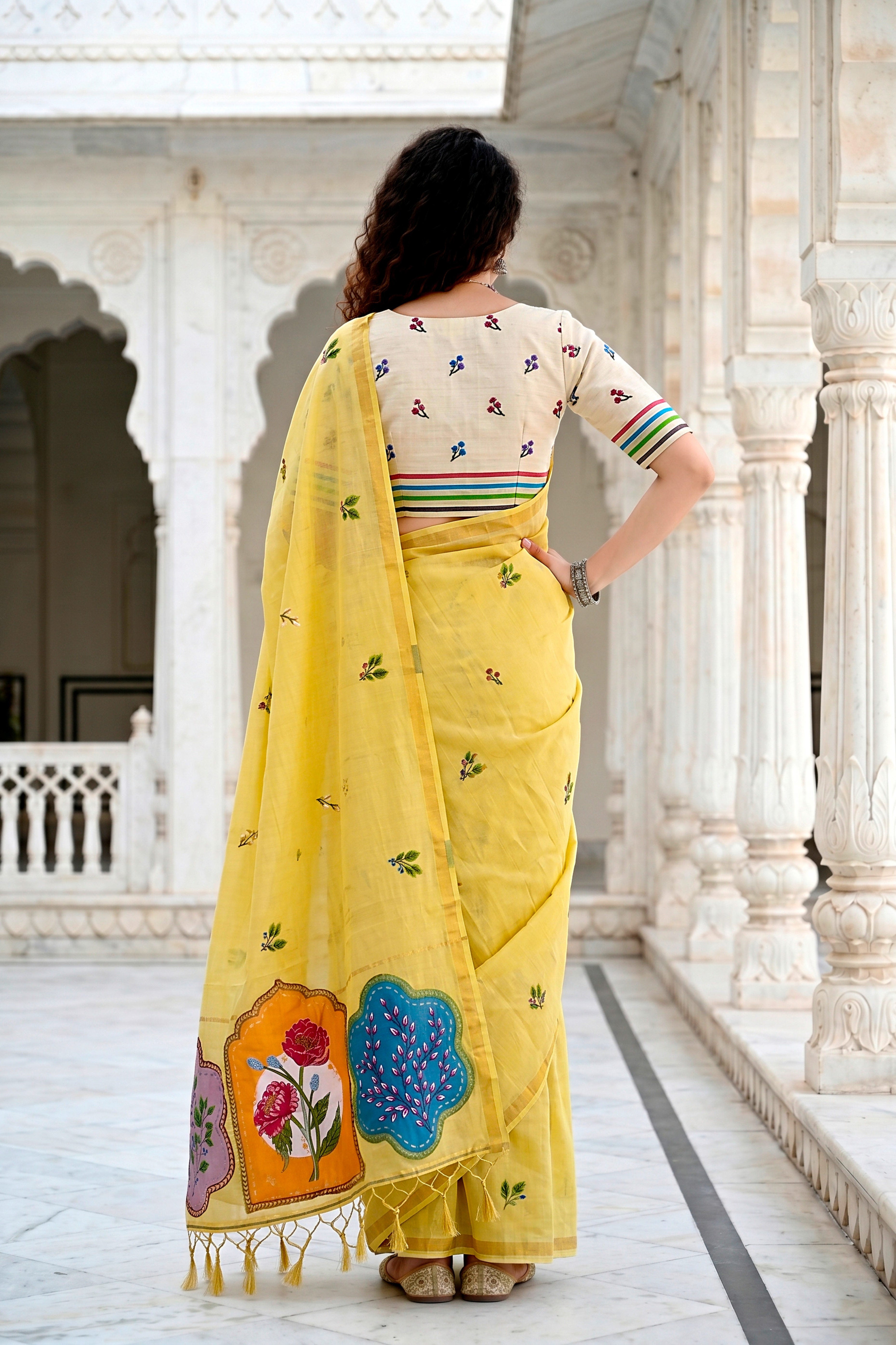 Sangam Prints Lemon Yellow Cotton Blend Woven Work Traditional Saree - Dista