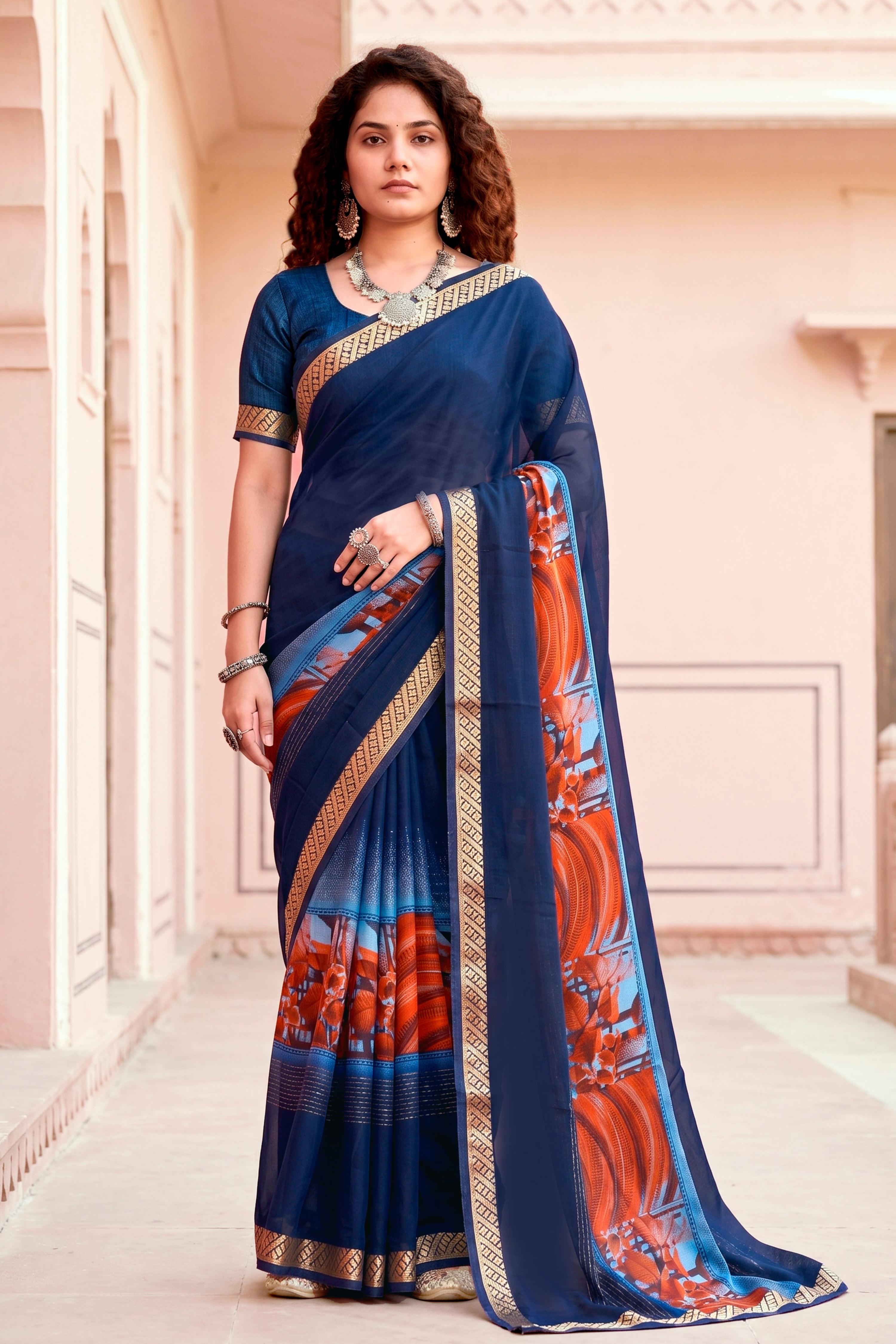 Sangam Prints Navy Blue Cotton Blend Woven Work Traditional Saree - Dista