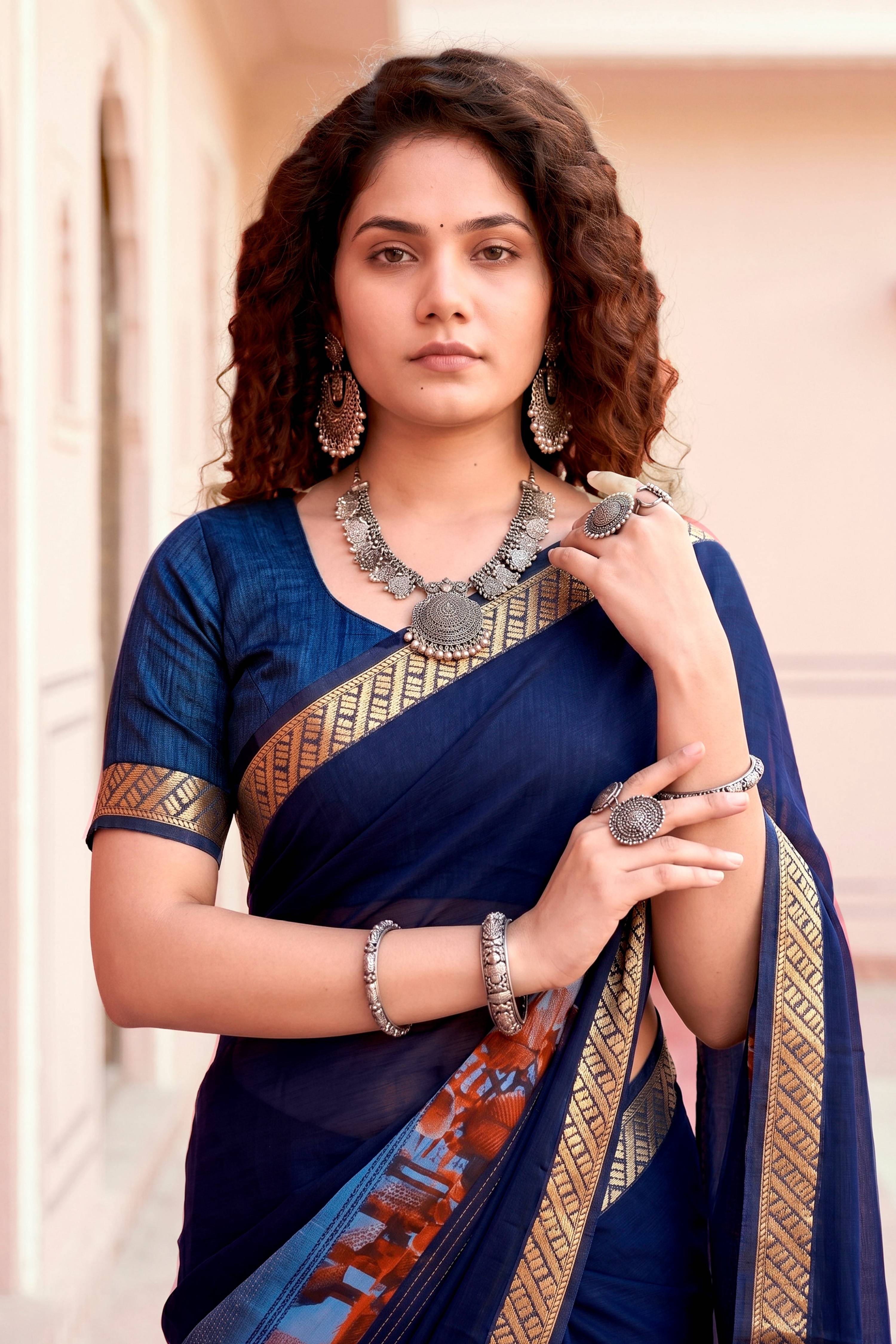 Sangam Prints Navy Blue Cotton Blend Woven Work Traditional Saree - Dista
