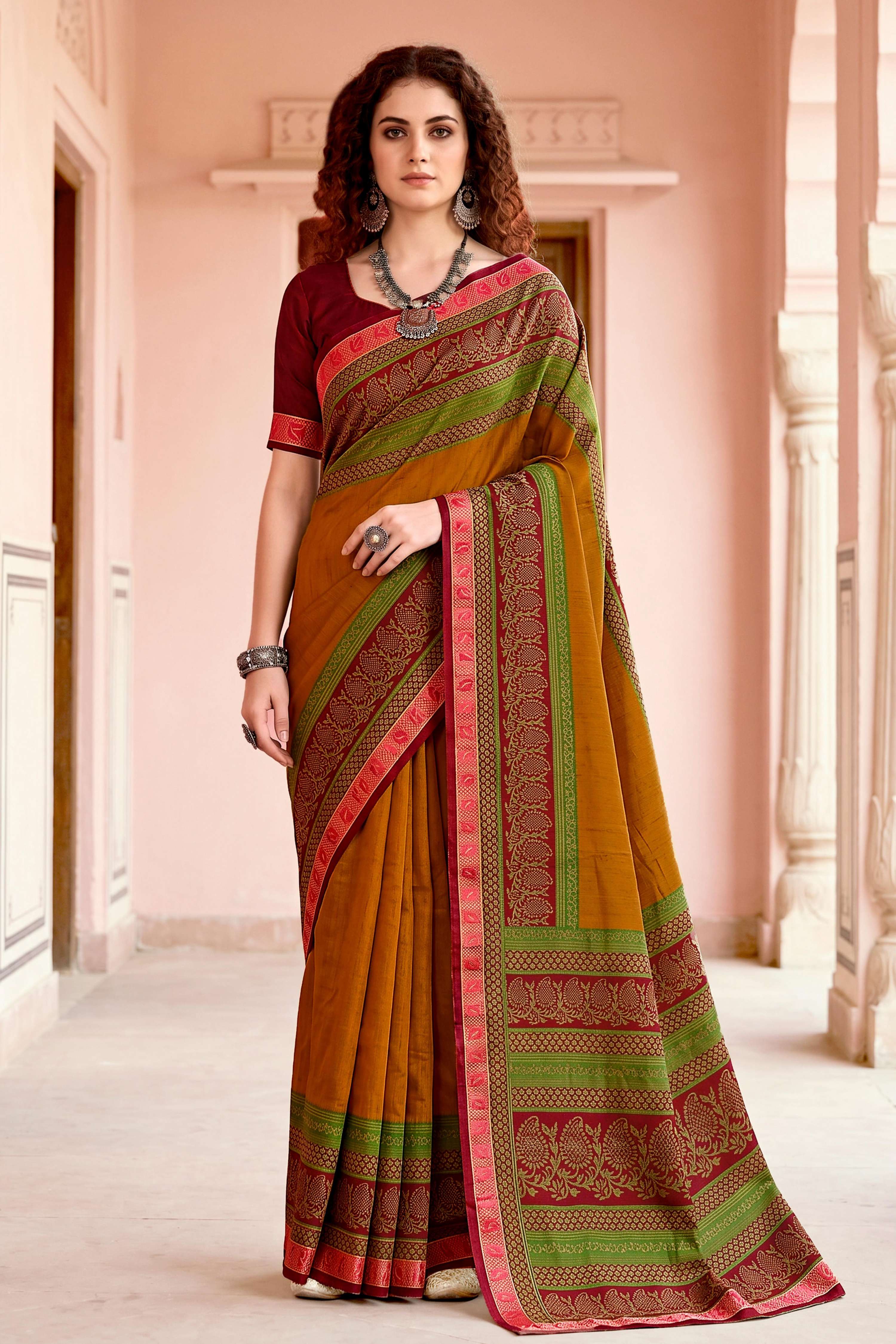 Sangam Prints Mustard Cotton Blend Woven Work Traditional Saree - Dista