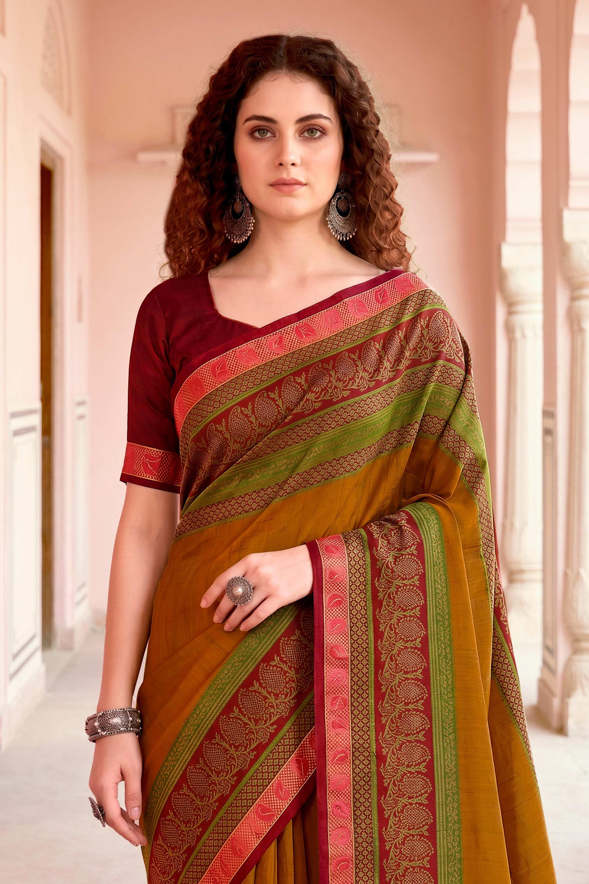 Sangam Prints Mustard Cotton Blend Woven Work Traditional Saree - Dista