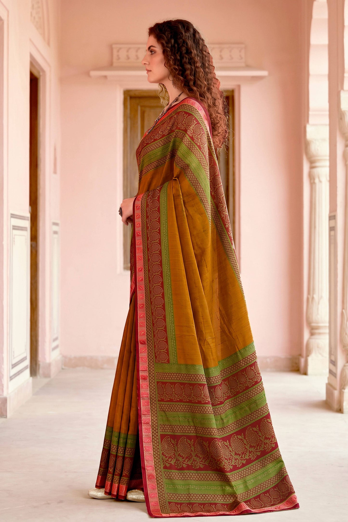 Sangam Prints Mustard Cotton Blend Woven Work Traditional Saree - Dista