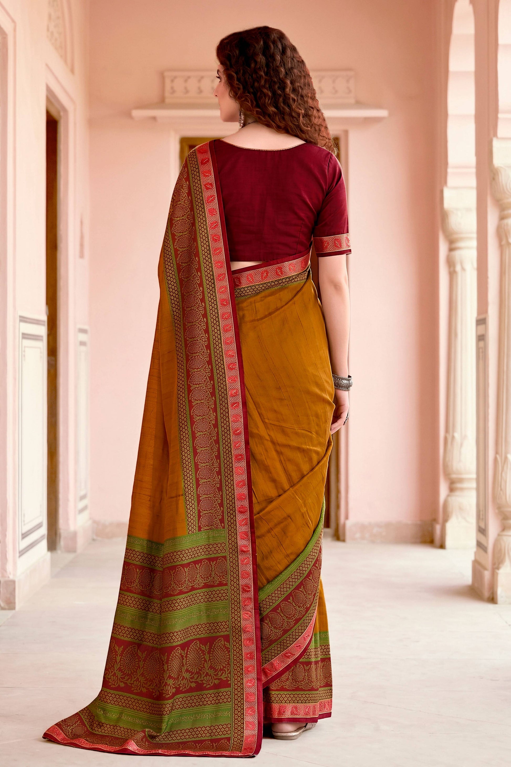 Sangam Prints Mustard Cotton Blend Woven Work Traditional Saree - Dista