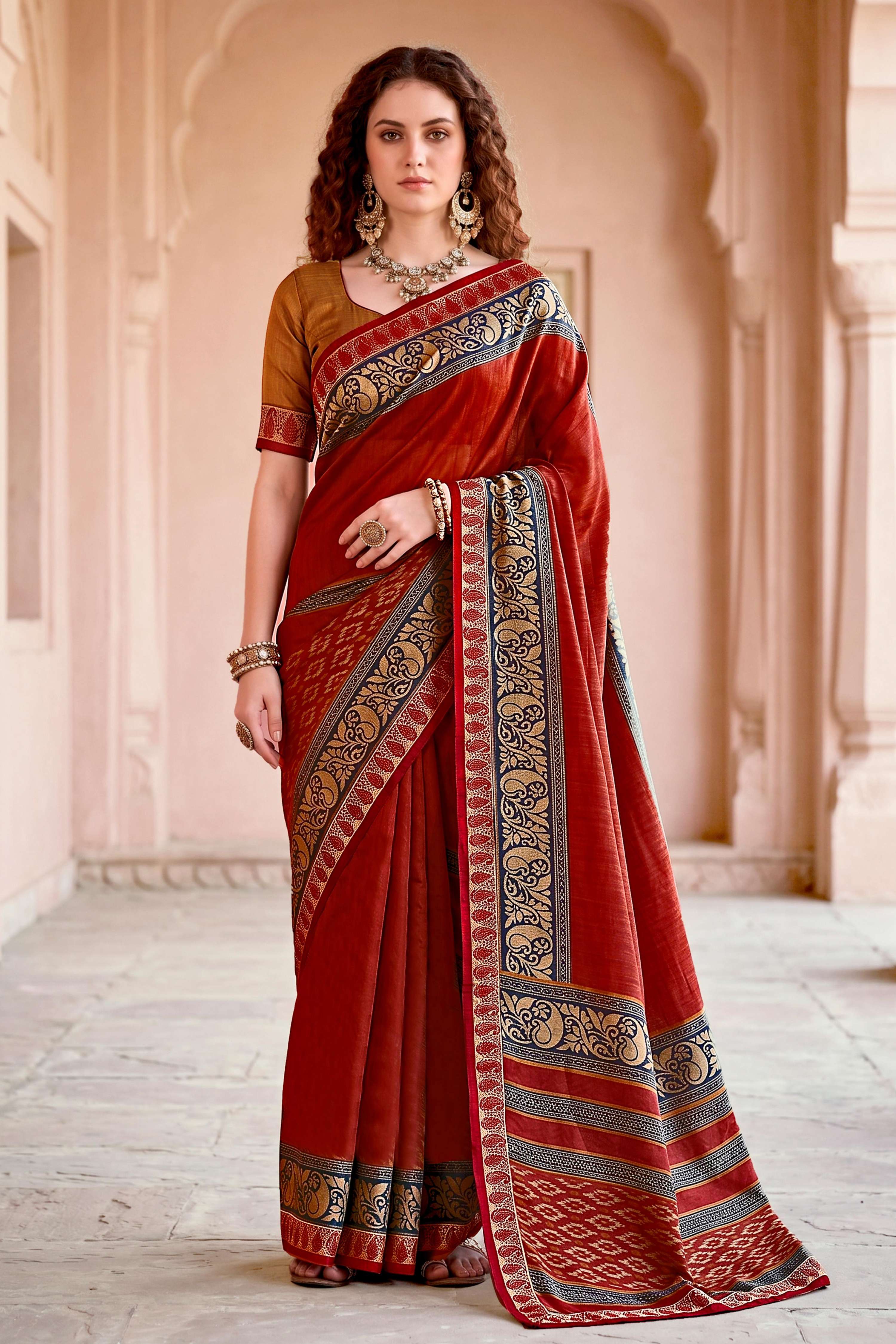 Sangam Prints Deep Red Cotton Blend Woven Work Traditional Saree - Dista