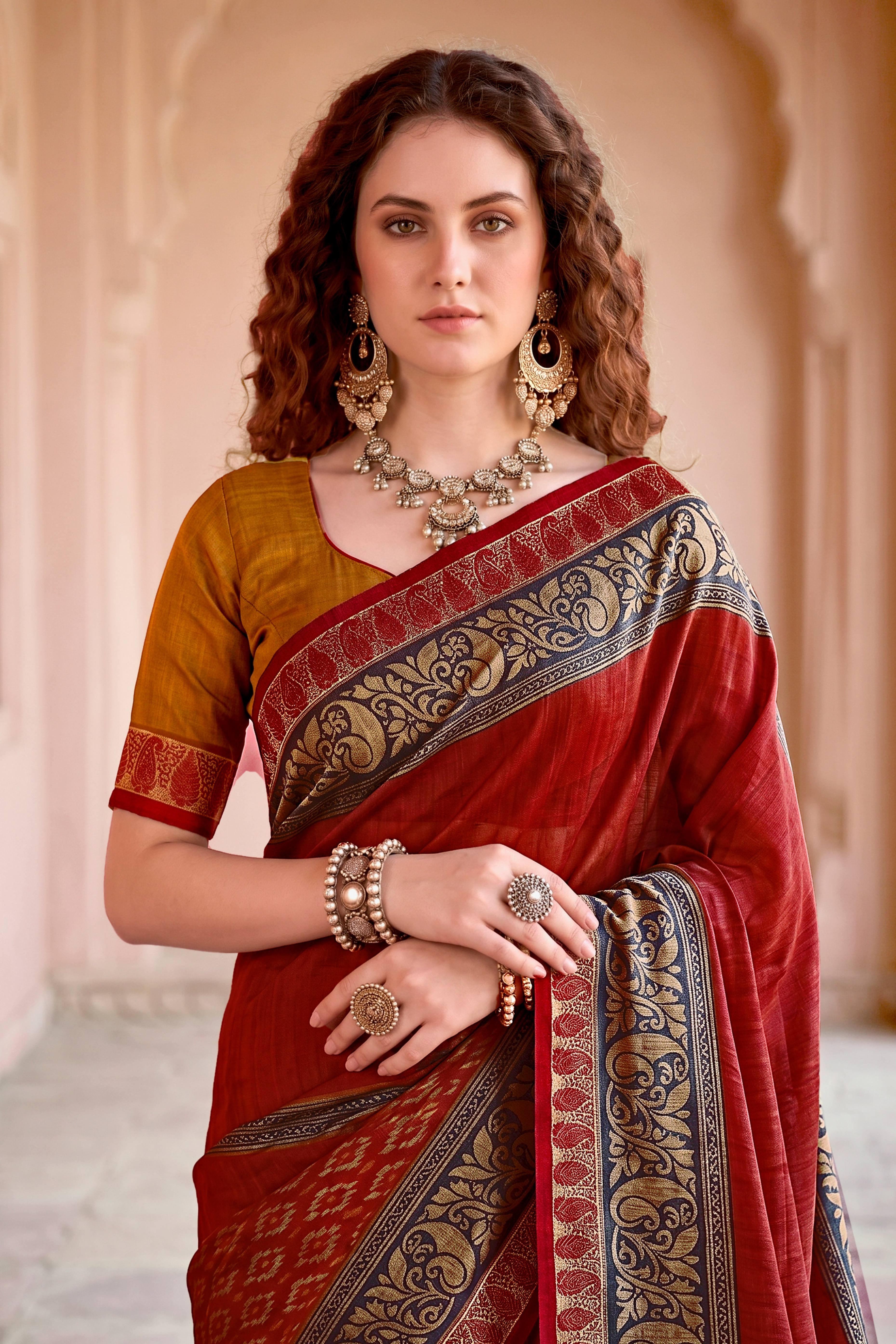 Sangam Prints Deep Red Cotton Blend Woven Work Traditional Saree - Dista