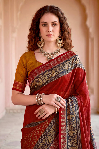 Sangam Prints Deep Red Cotton Blend Woven Work Traditional Saree - Dista