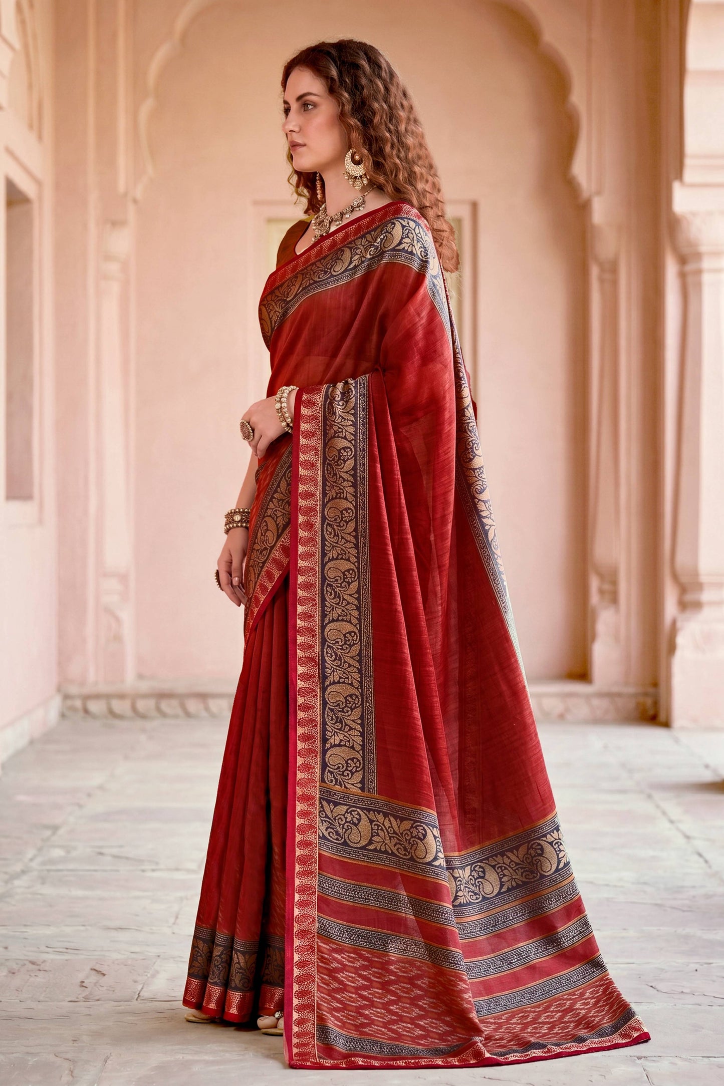 Sangam Prints Deep Red Cotton Blend Woven Work Traditional Saree - Dista