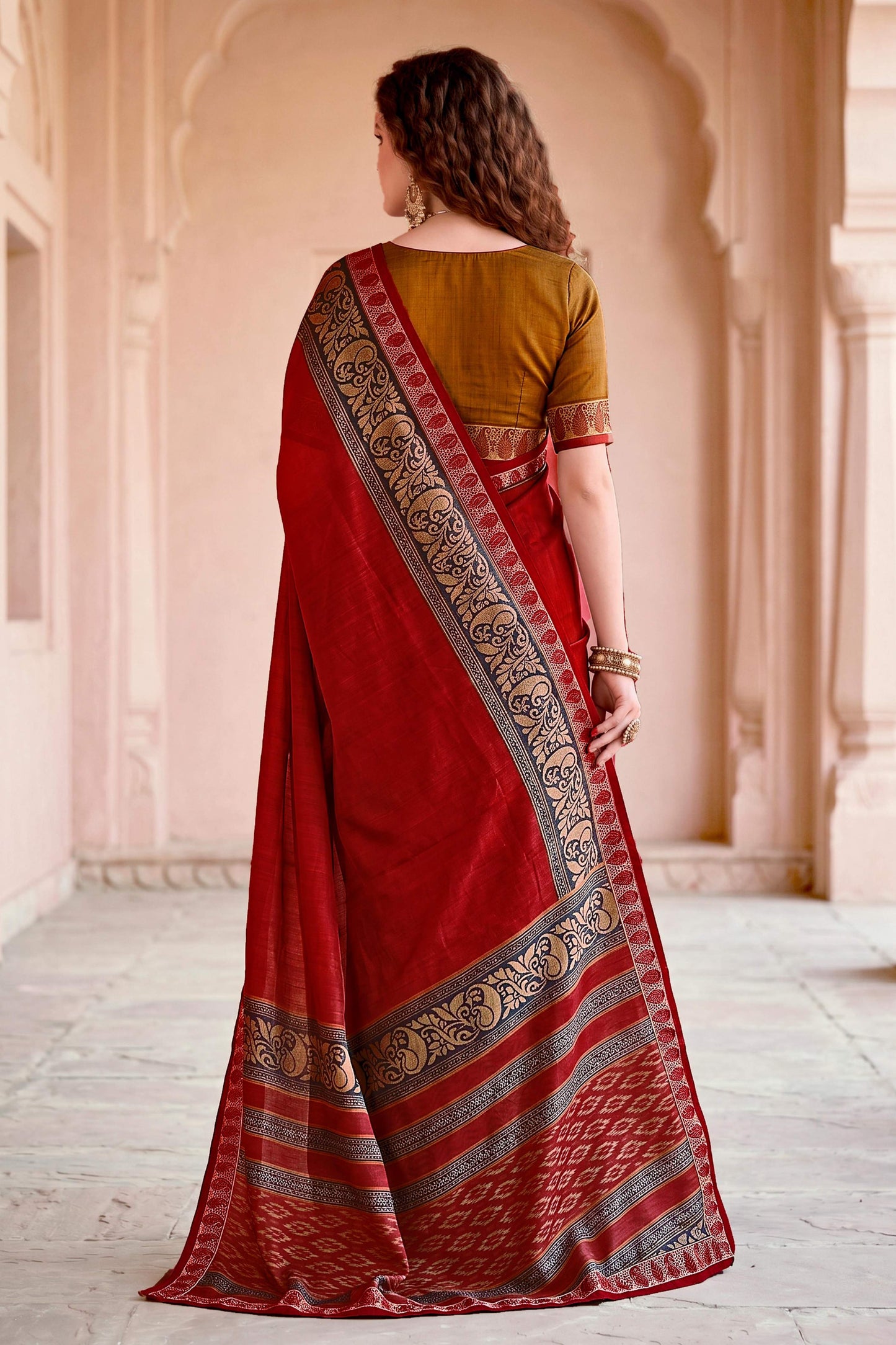 Sangam Prints Deep Red Cotton Blend Woven Work Traditional Saree - Dista