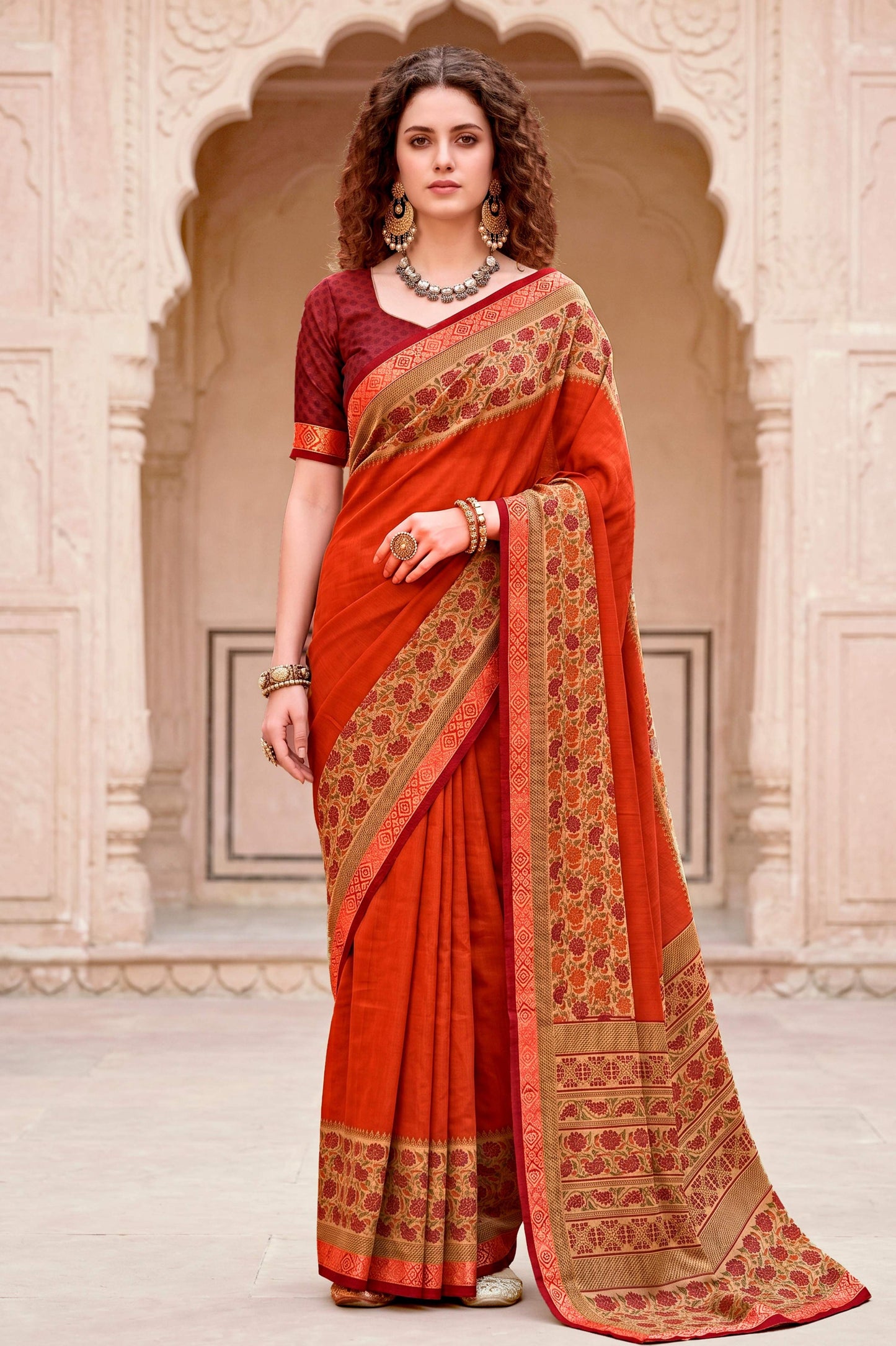 Sangam Prints Rust Orange Cotton Blend Woven Work Traditional Saree - Dista