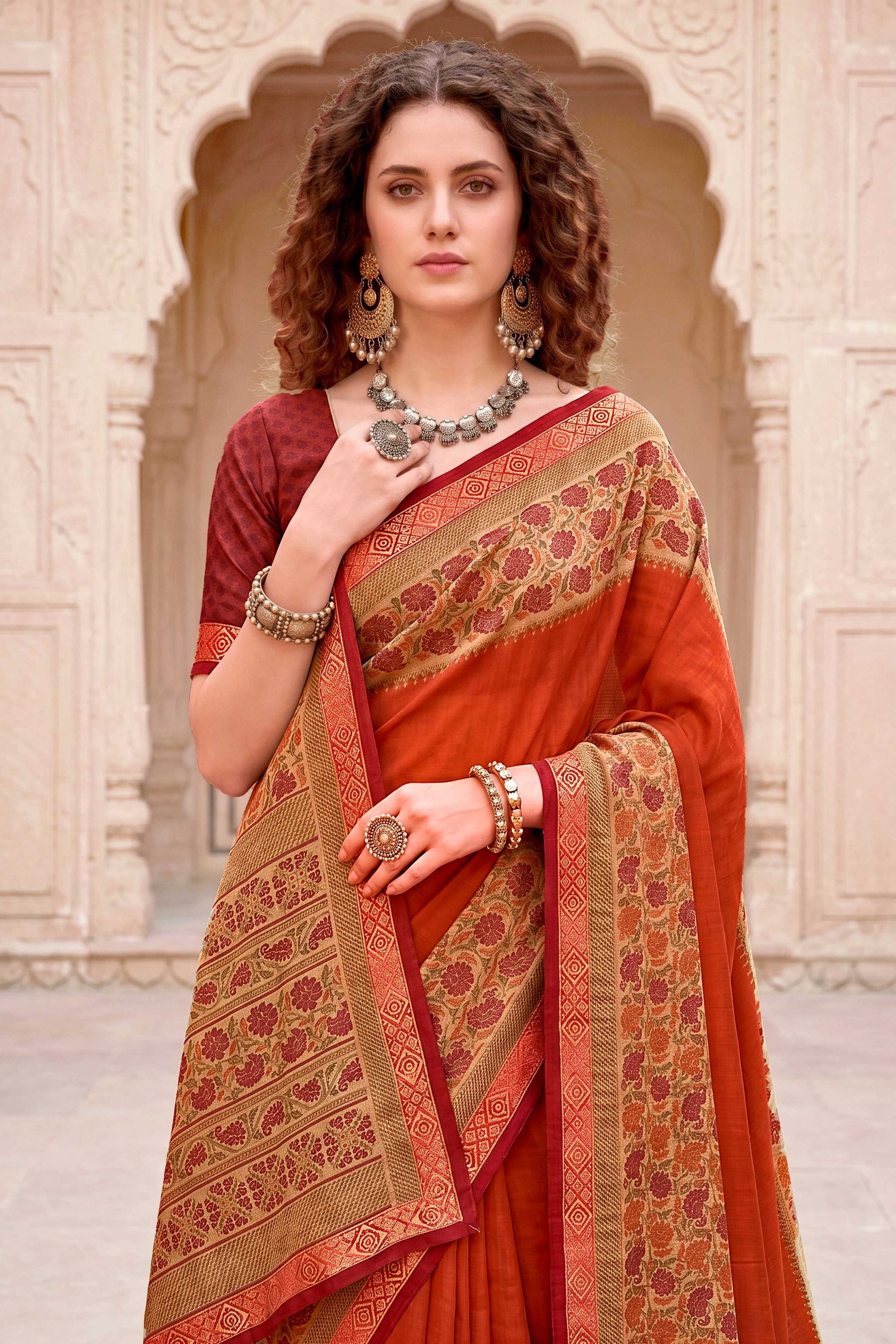 Sangam Prints Rust Orange Cotton Blend Woven Work Traditional Saree - Dista