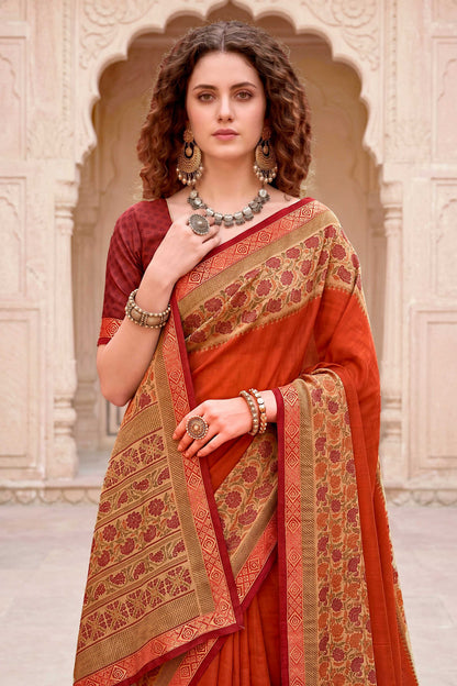 Sangam Prints Rust Orange Cotton Blend Woven Work Traditional Saree - Dista