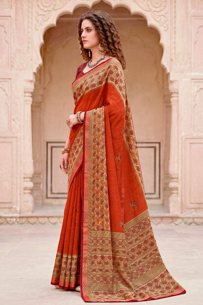 Sangam Prints Rust Orange Cotton Blend Woven Work Traditional Saree - Dista