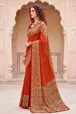 Thumbnail for Sangam Prints Rust Orange Cotton Blend Woven Work Traditional Saree - Dista