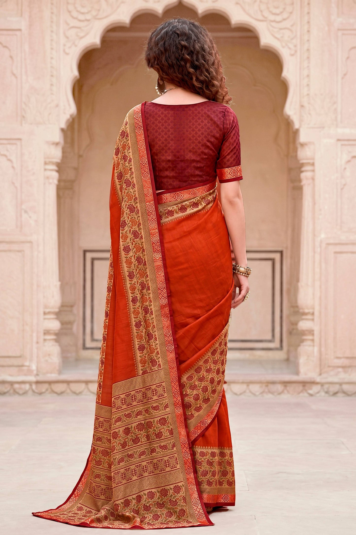 Sangam Prints Rust Orange Cotton Blend Woven Work Traditional Saree - Dista
