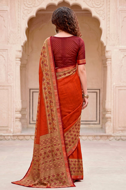 Sangam Prints Rust Orange Cotton Blend Woven Work Traditional Saree - Dista