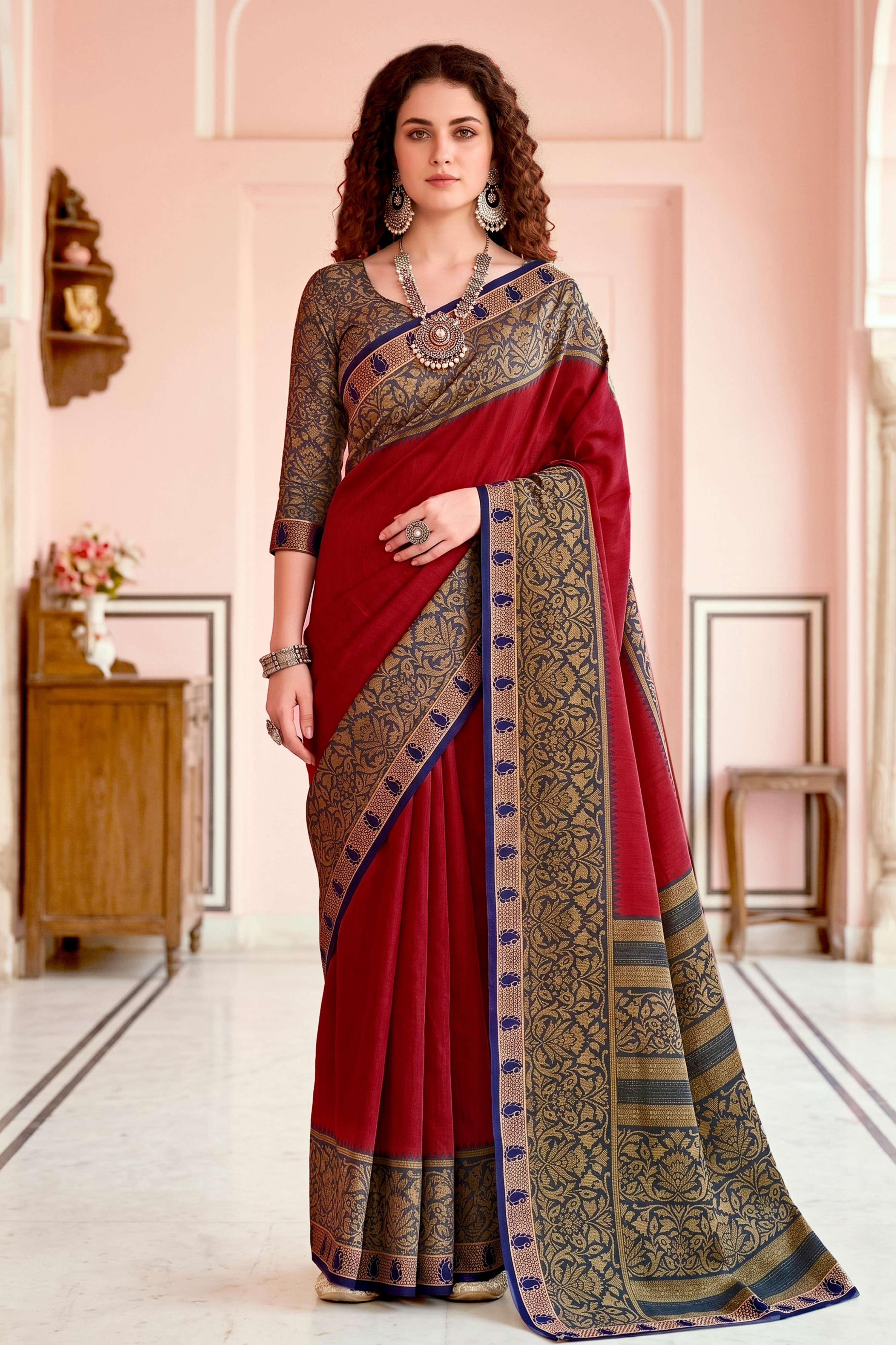 Sangam Prints Crimson Red Cotton Blend Woven Work Traditional Saree - Dista