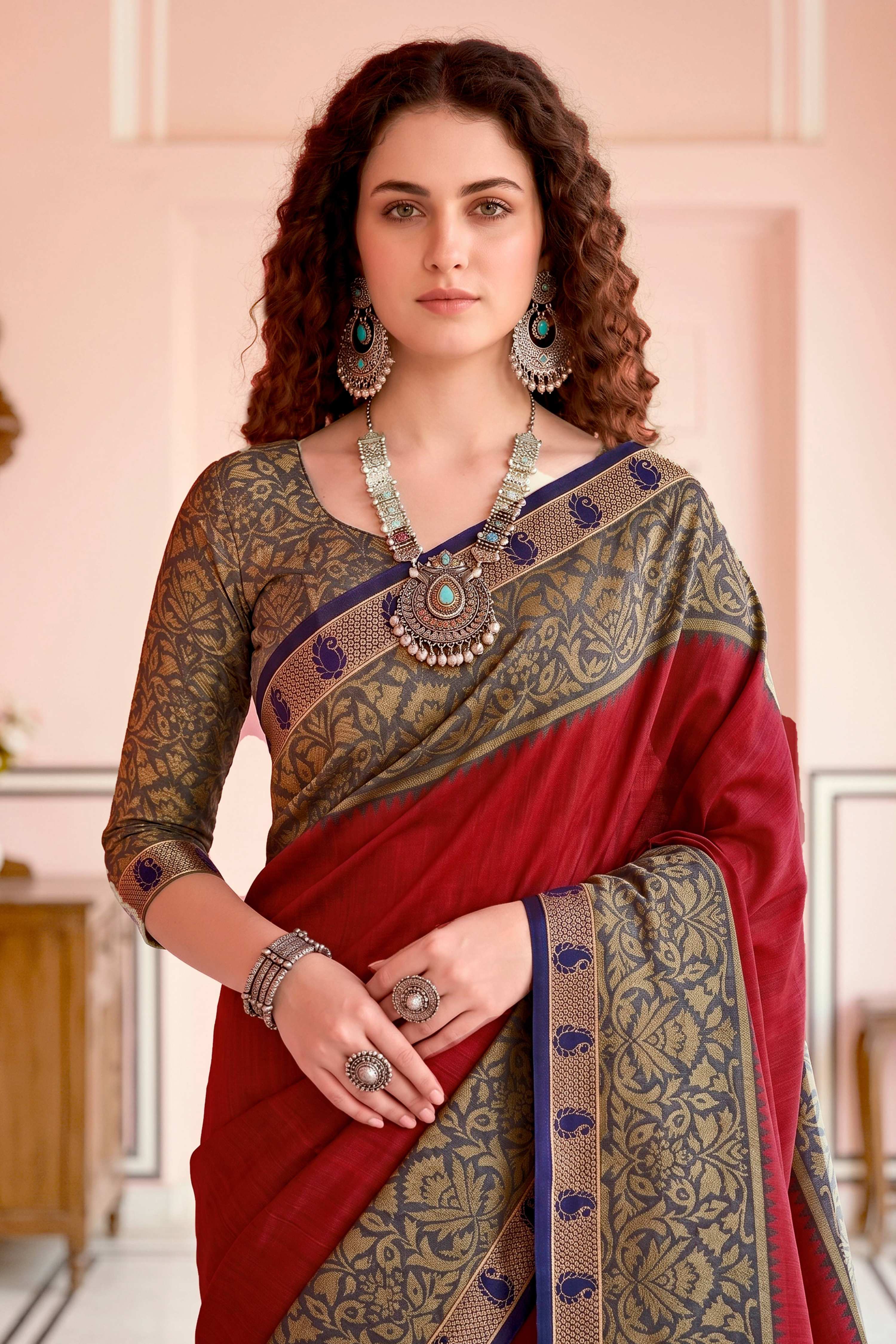Sangam Prints Crimson Red Cotton Blend Woven Work Traditional Saree - Dista