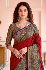 Thumbnail for Sangam Prints Crimson Red Cotton Blend Woven Work Traditional Saree - Dista