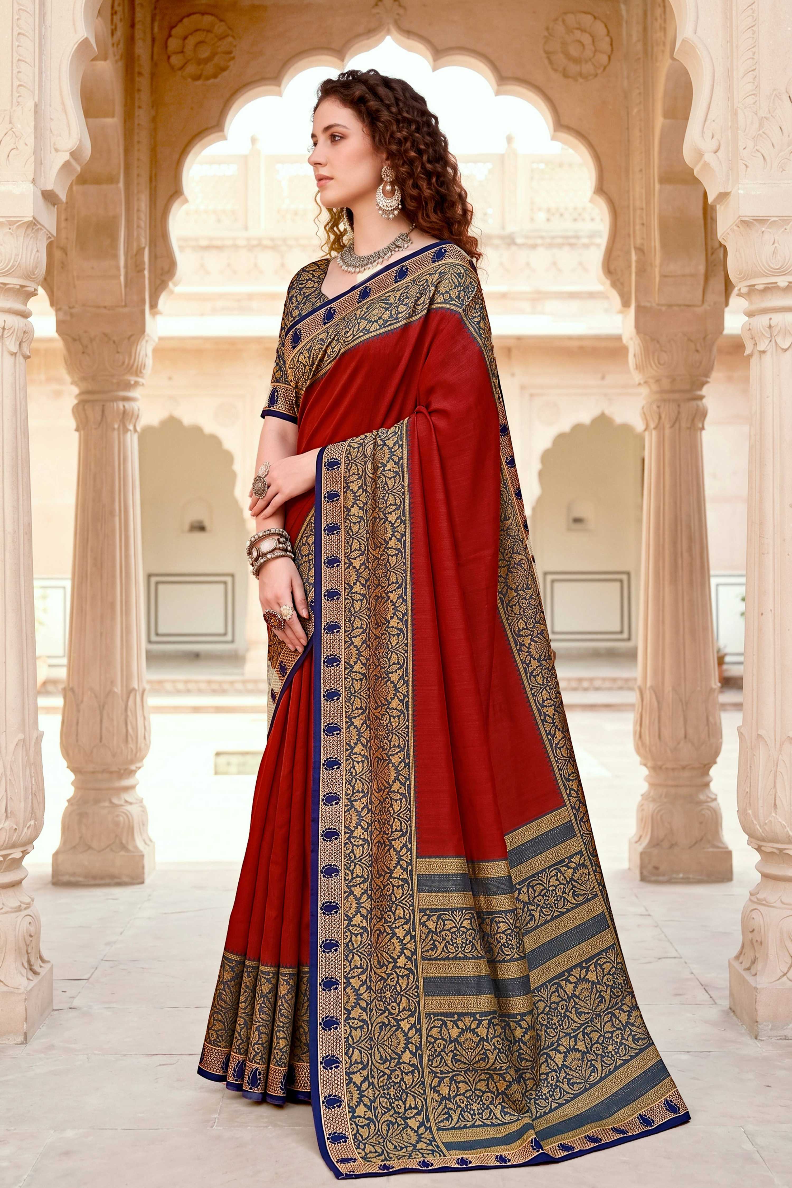 Sangam Prints Crimson Red Cotton Blend Woven Work Traditional Saree - Dista