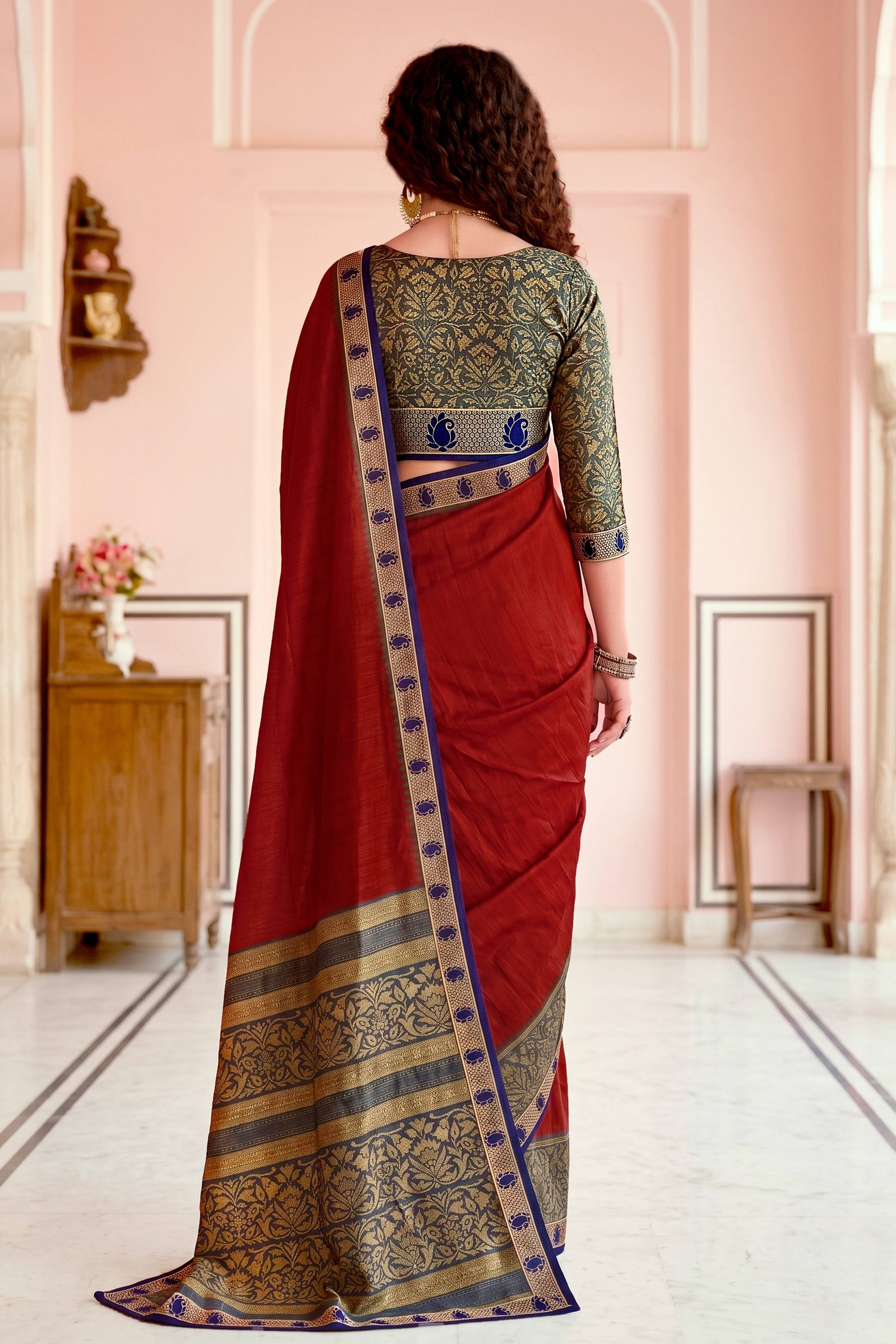 Sangam Prints Crimson Red Cotton Blend Woven Work Traditional Saree - Dista