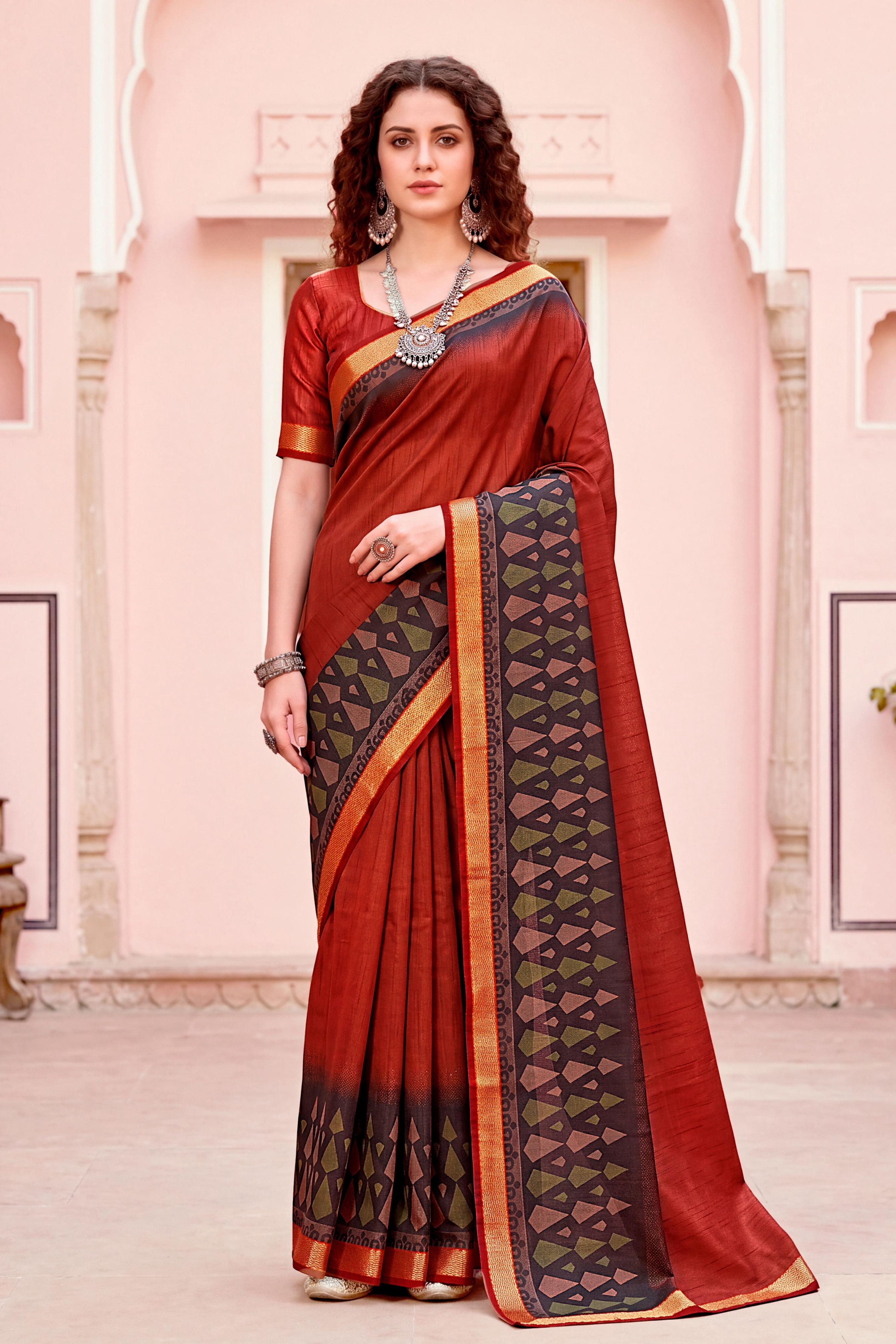 Sangam Prints Rust Red Cotton Blend Woven Work Traditional Saree - Dista