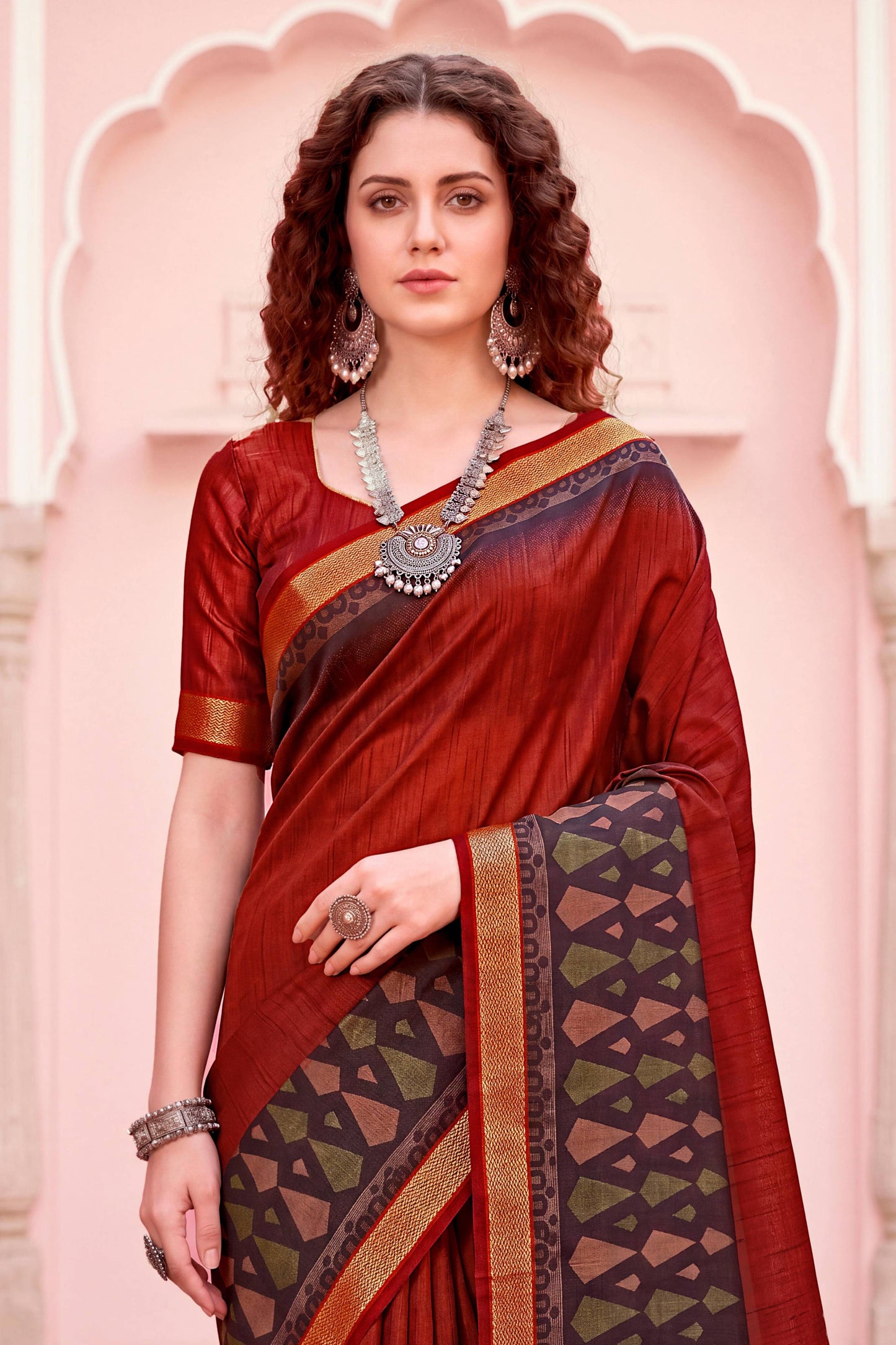 Sangam Prints Rust Red Cotton Blend Woven Work Traditional Saree - Dista