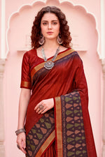 Thumbnail for Sangam Prints Rust Red Cotton Blend Woven Work Traditional Saree - Dista