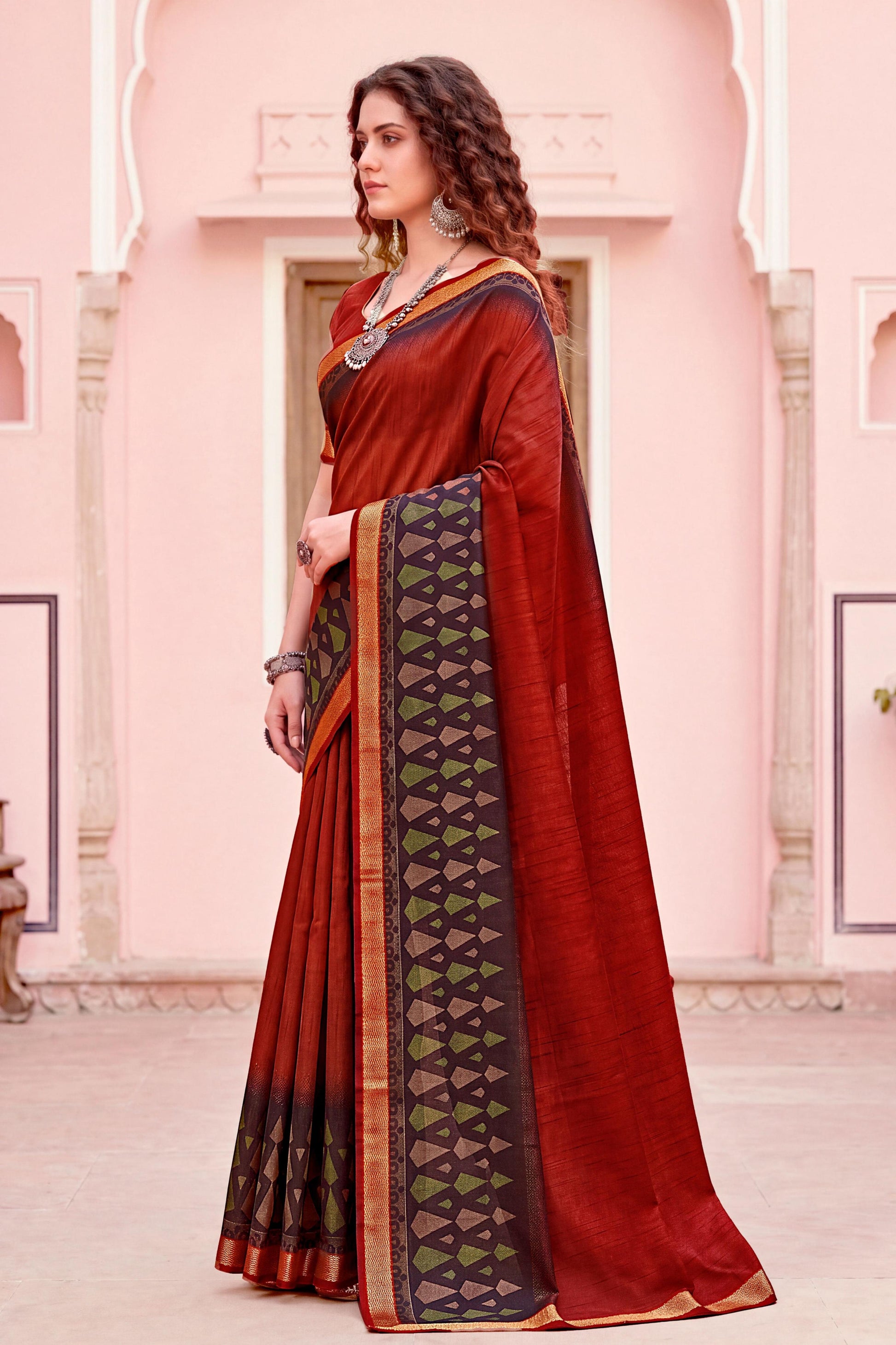 Sangam Prints Rust Red Cotton Blend Woven Work Traditional Saree - Dista