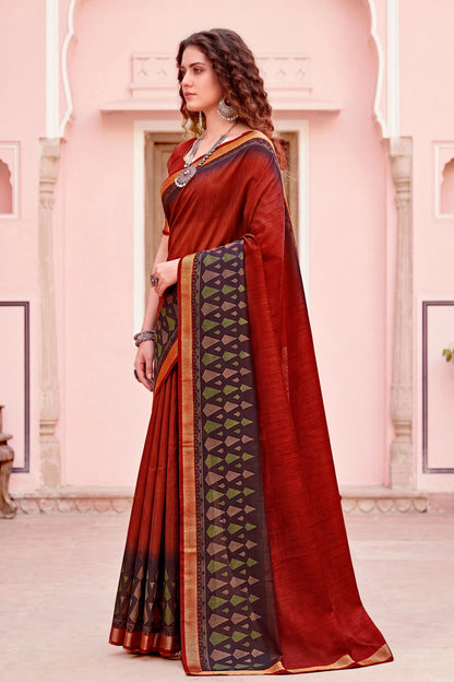 Sangam Prints Rust Red Cotton Blend Woven Work Traditional Saree - Dista