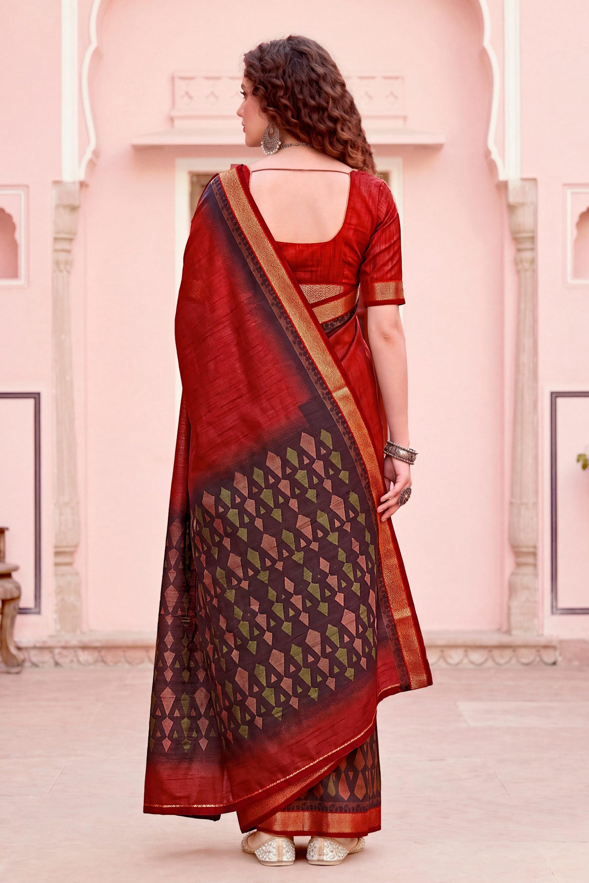 Sangam Prints Rust Red Cotton Blend Woven Work Traditional Saree - Dista