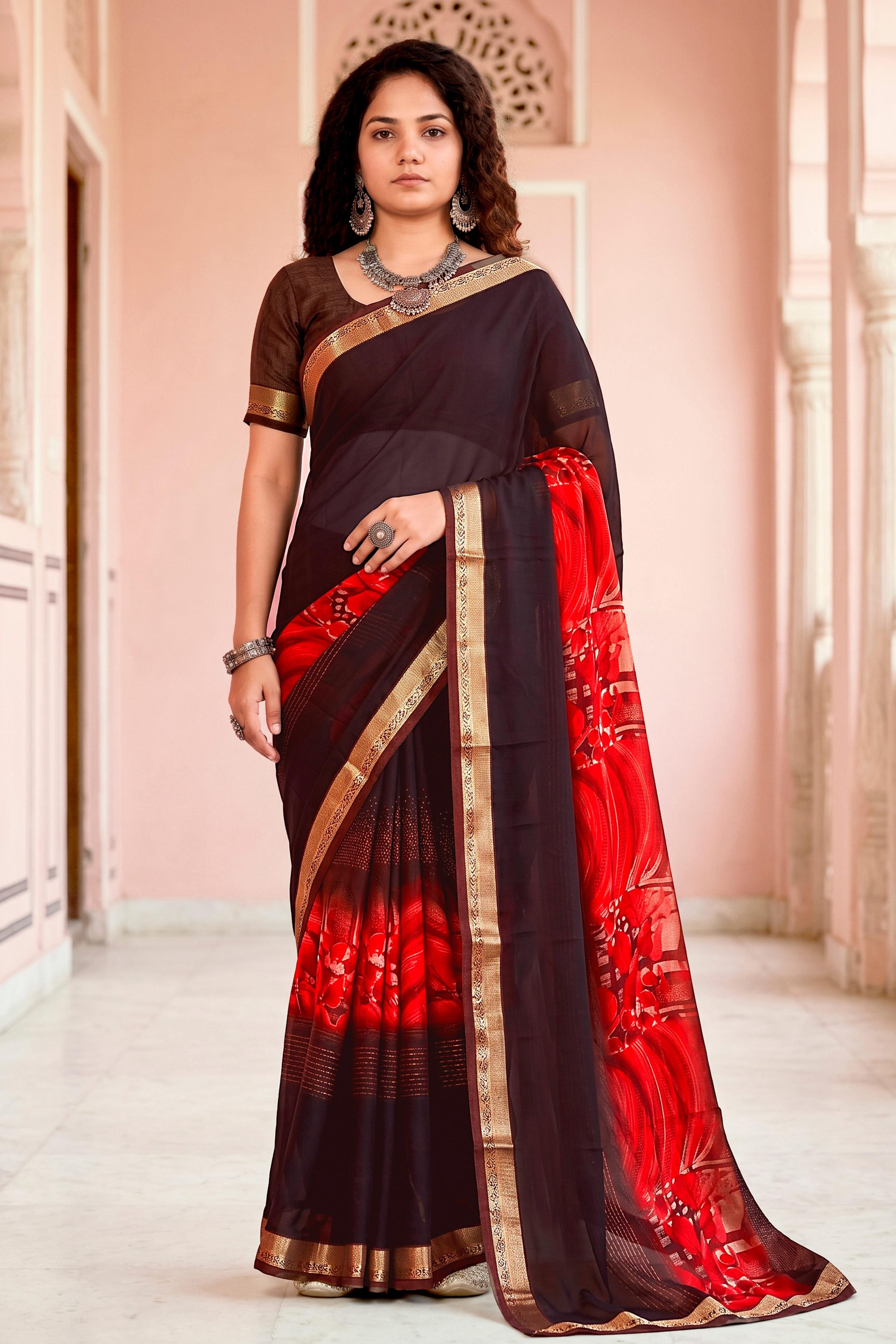 Sangam Prints Chocolate Brown Cotton Blend Woven Work Traditional Saree - Dista