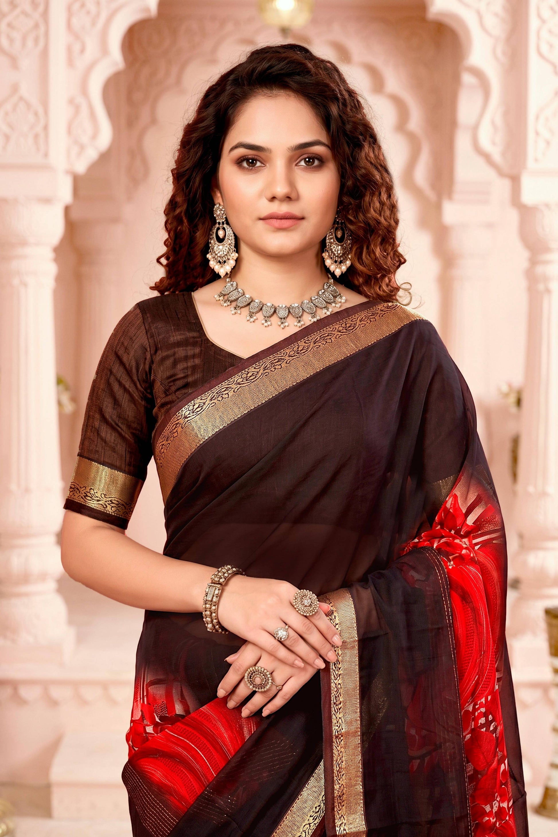 Sangam Prints Chocolate Brown Cotton Blend Woven Work Traditional Saree - Dista