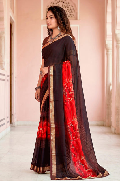 Sangam Prints Chocolate Brown Cotton Blend Woven Work Traditional Saree - Dista