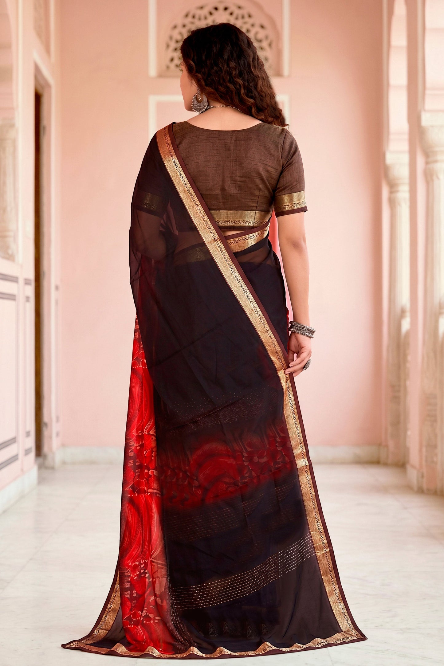 Sangam Prints Chocolate Brown Cotton Blend Woven Work Traditional Saree - Dista