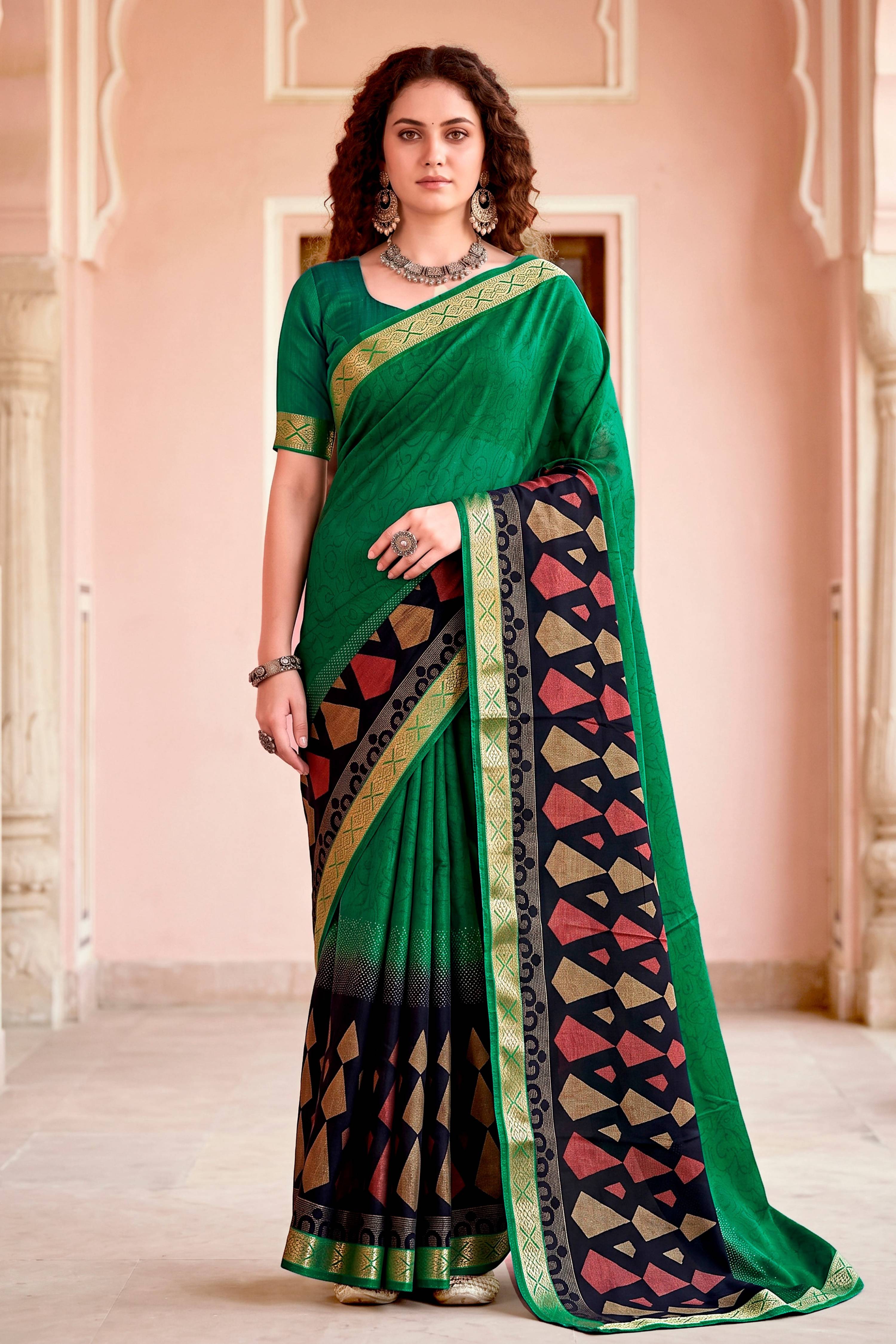 Sangam Prints Bottle Green Cotton Blend Woven Work Traditional Saree - Dista