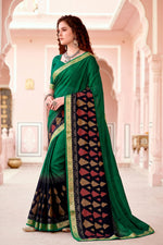 Thumbnail for Sangam Prints Bottle Green Cotton Blend Woven Work Traditional Saree - Dista