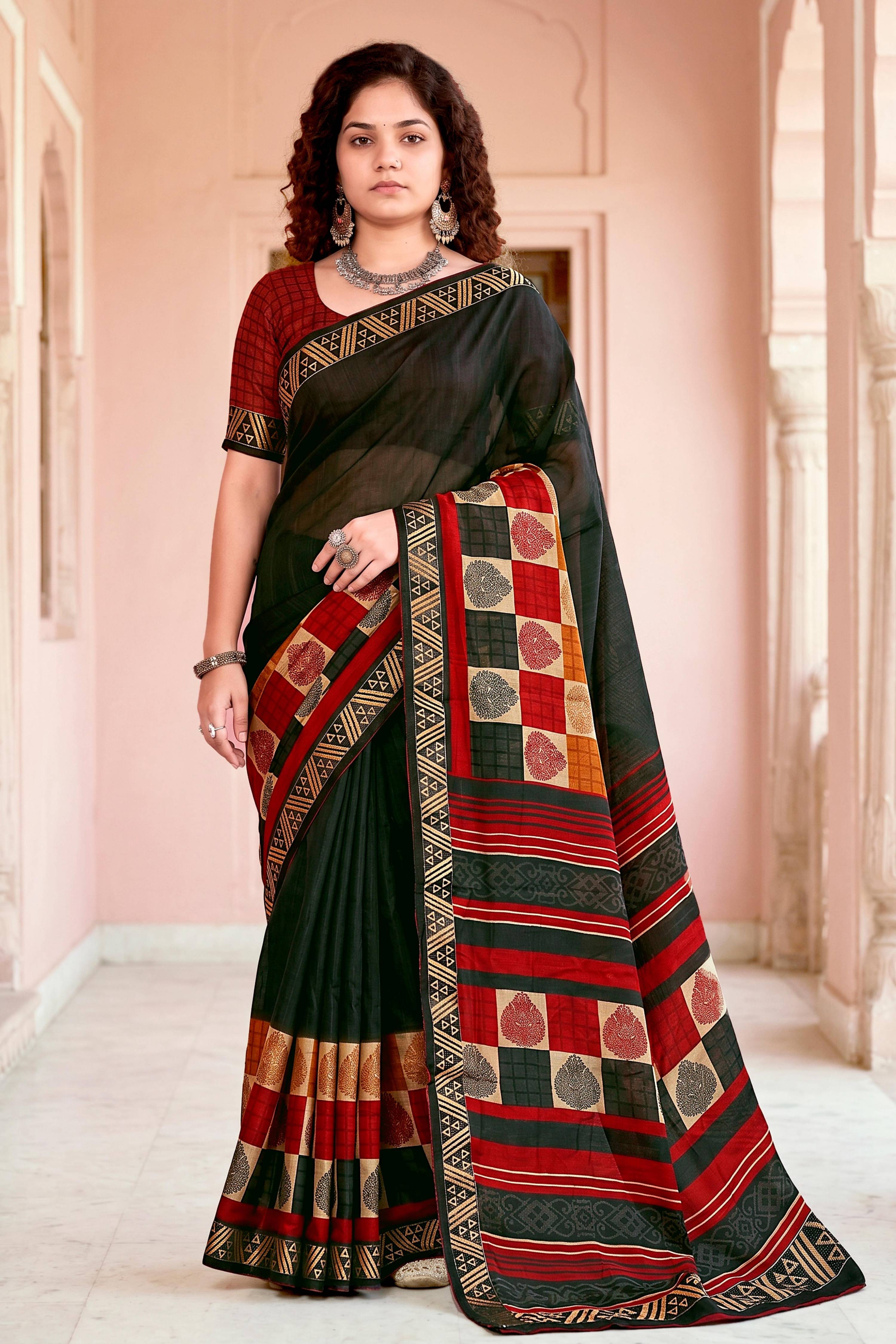 Sangam Prints Dark Green Cotton Blend Woven Work Traditional Saree - Dista