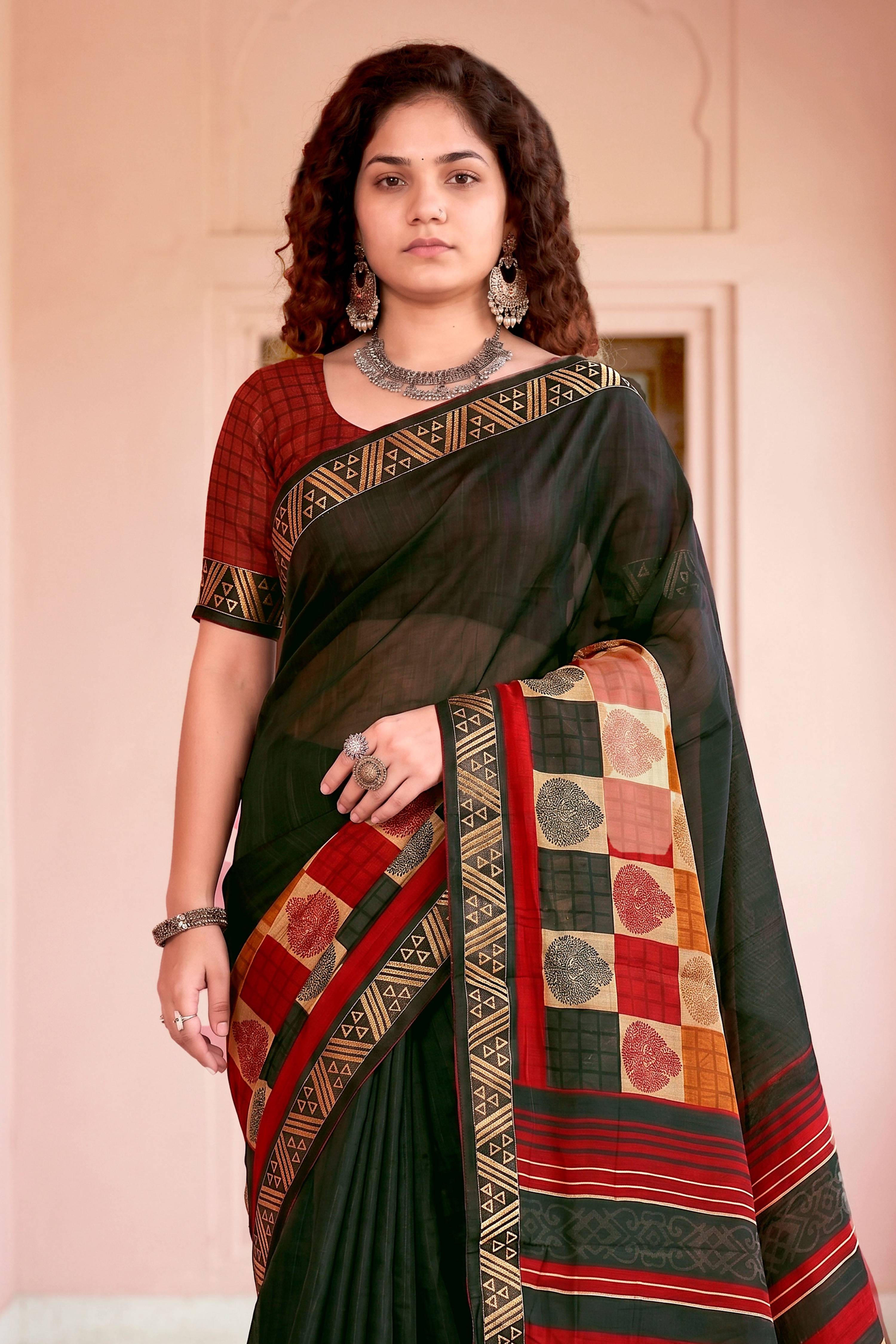 Sangam Prints Dark Green Cotton Blend Woven Work Traditional Saree - Dista