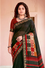 Thumbnail for Sangam Prints Dark Green Cotton Blend Woven Work Traditional Saree - Dista