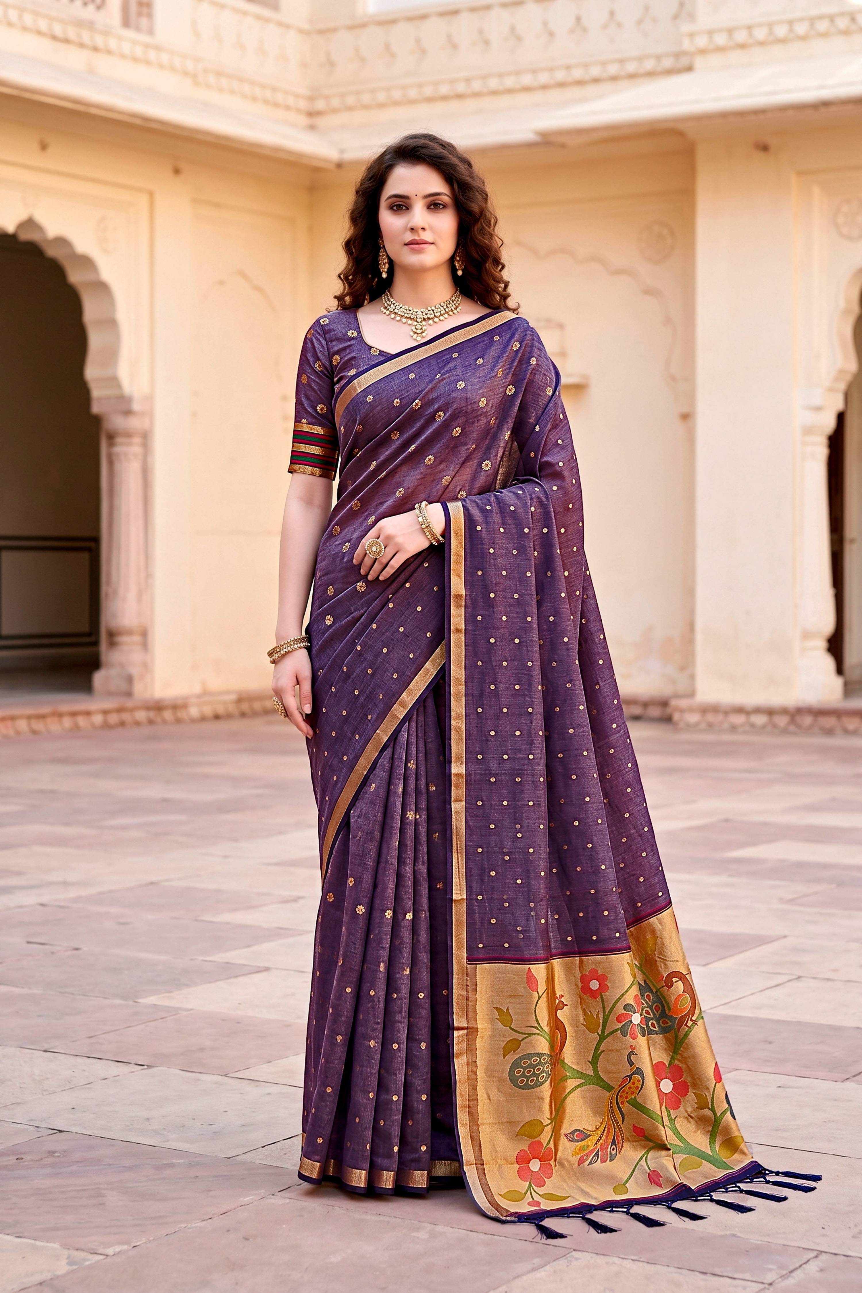 Sangam Prints Violet Cotton Blend Woven Work Traditional Saree - Dista