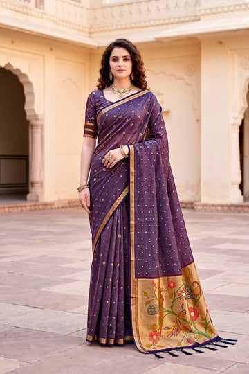 Sangam Prints Violet Cotton Blend Woven Work Traditional Saree - Dista