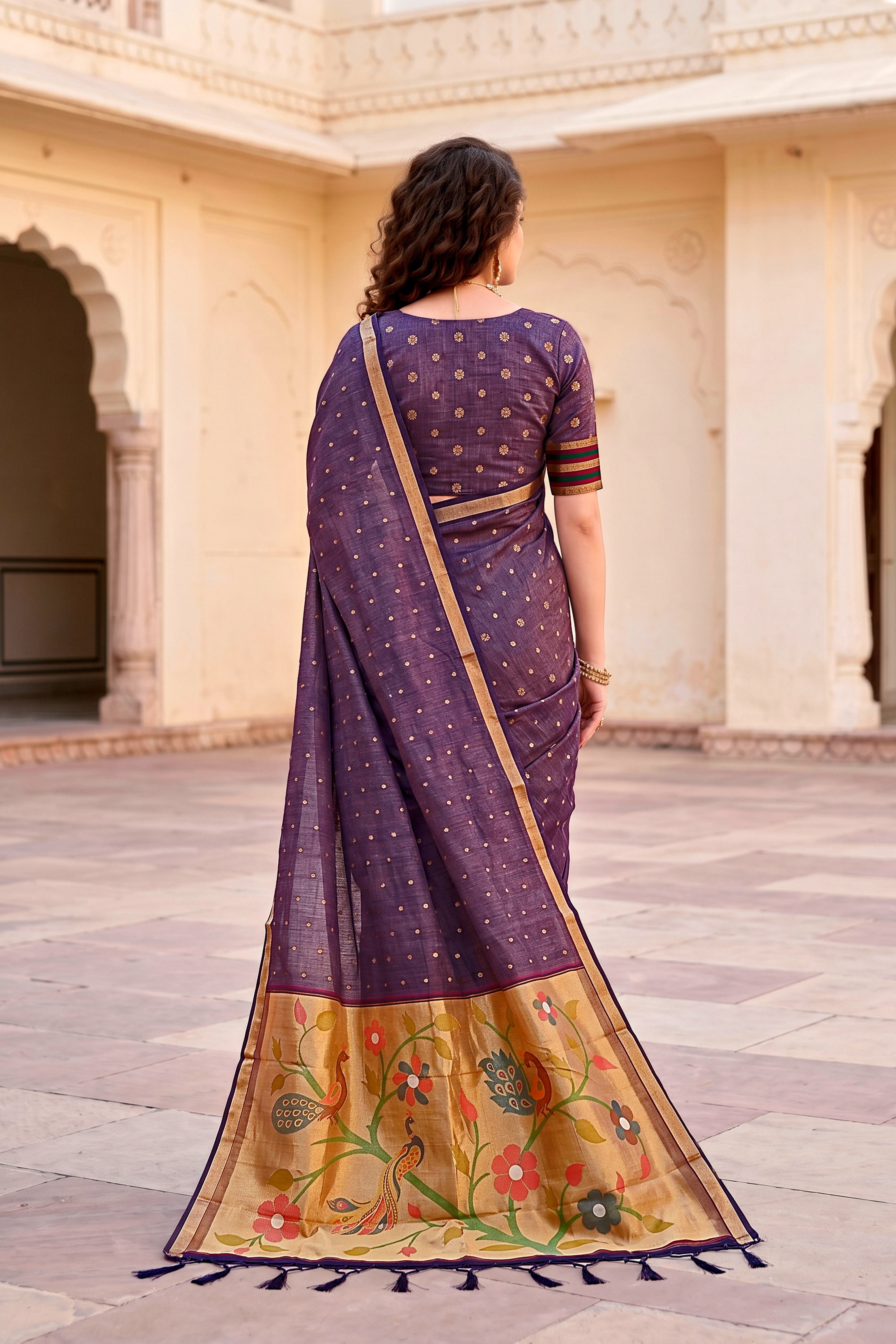 Sangam Prints Violet Cotton Blend Woven Work Traditional Saree - Dista