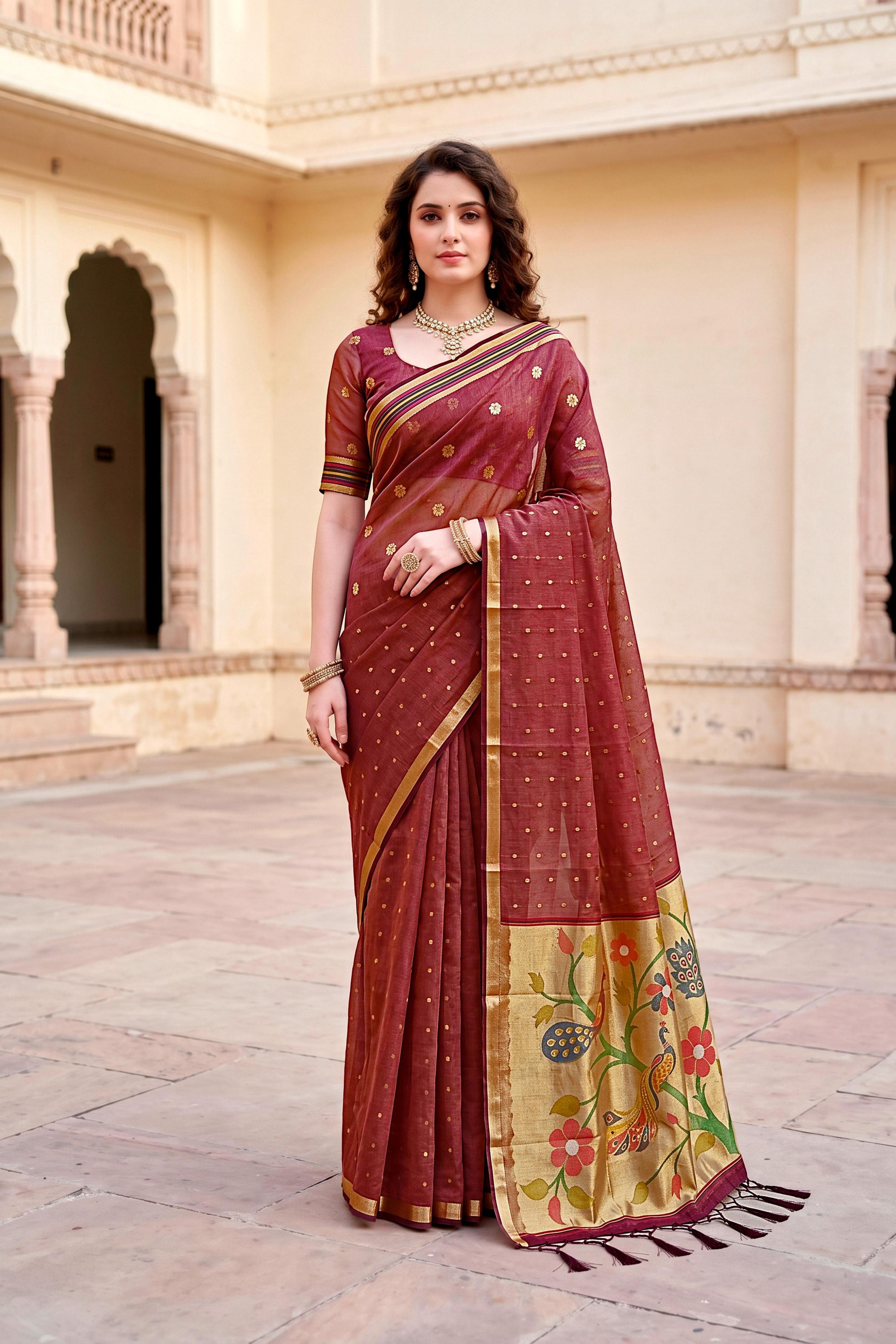 Sangam Prints Maroon Cotton Blend Woven Work Traditional Saree - Dista