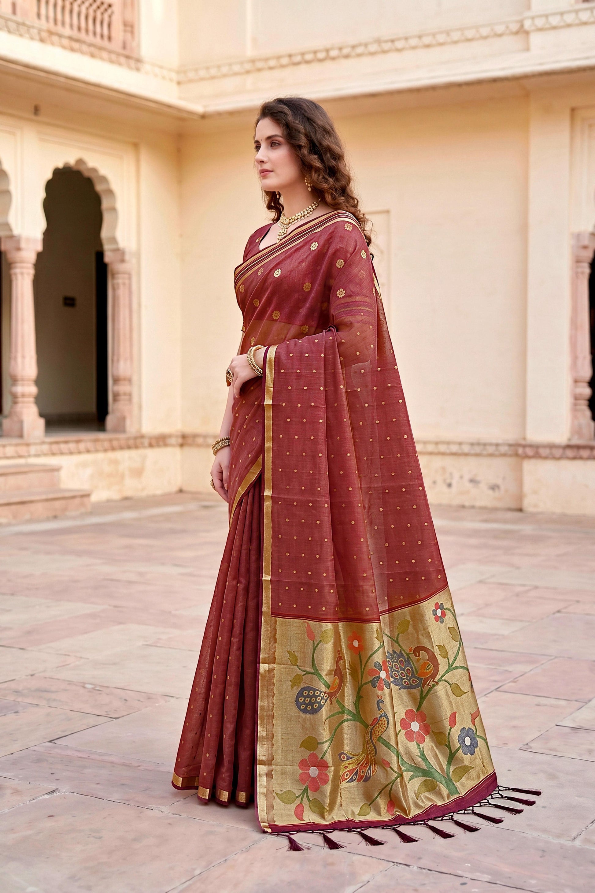 Sangam Prints Maroon Cotton Blend Woven Work Traditional Saree - Dista