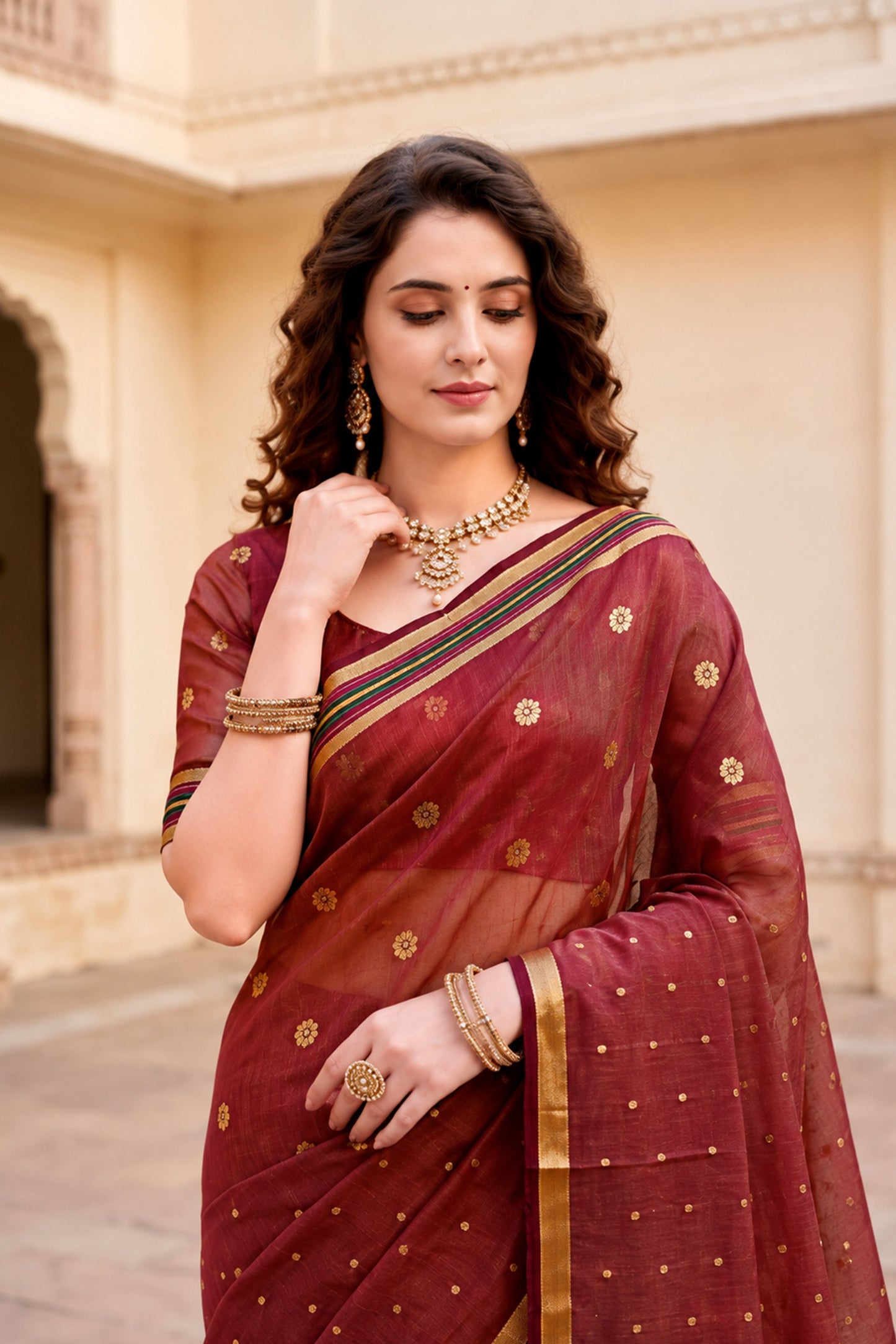 Sangam Prints Maroon Cotton Blend Woven Work Traditional Saree - Dista