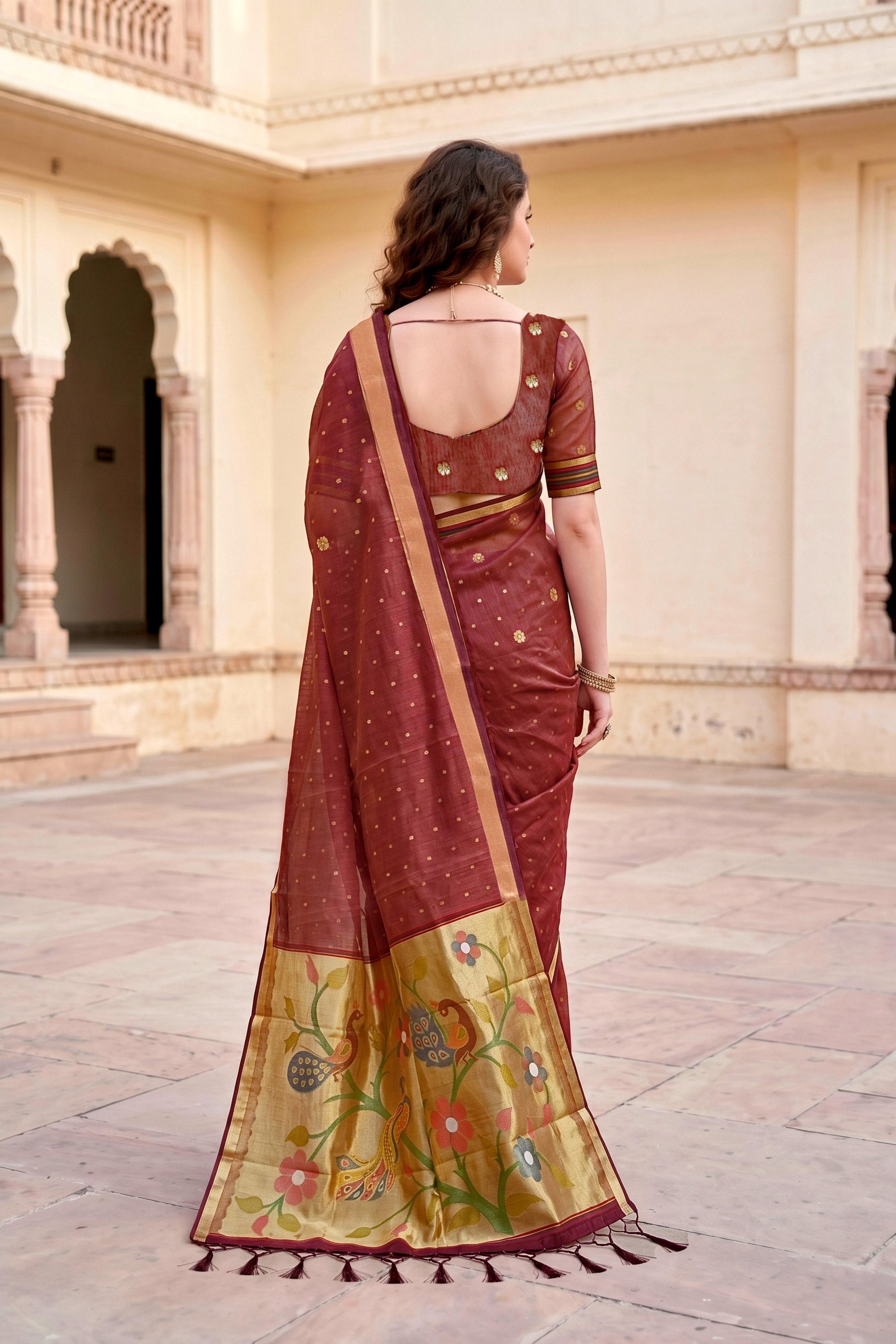 Sangam Prints Maroon Cotton Blend Woven Work Traditional Saree - Dista