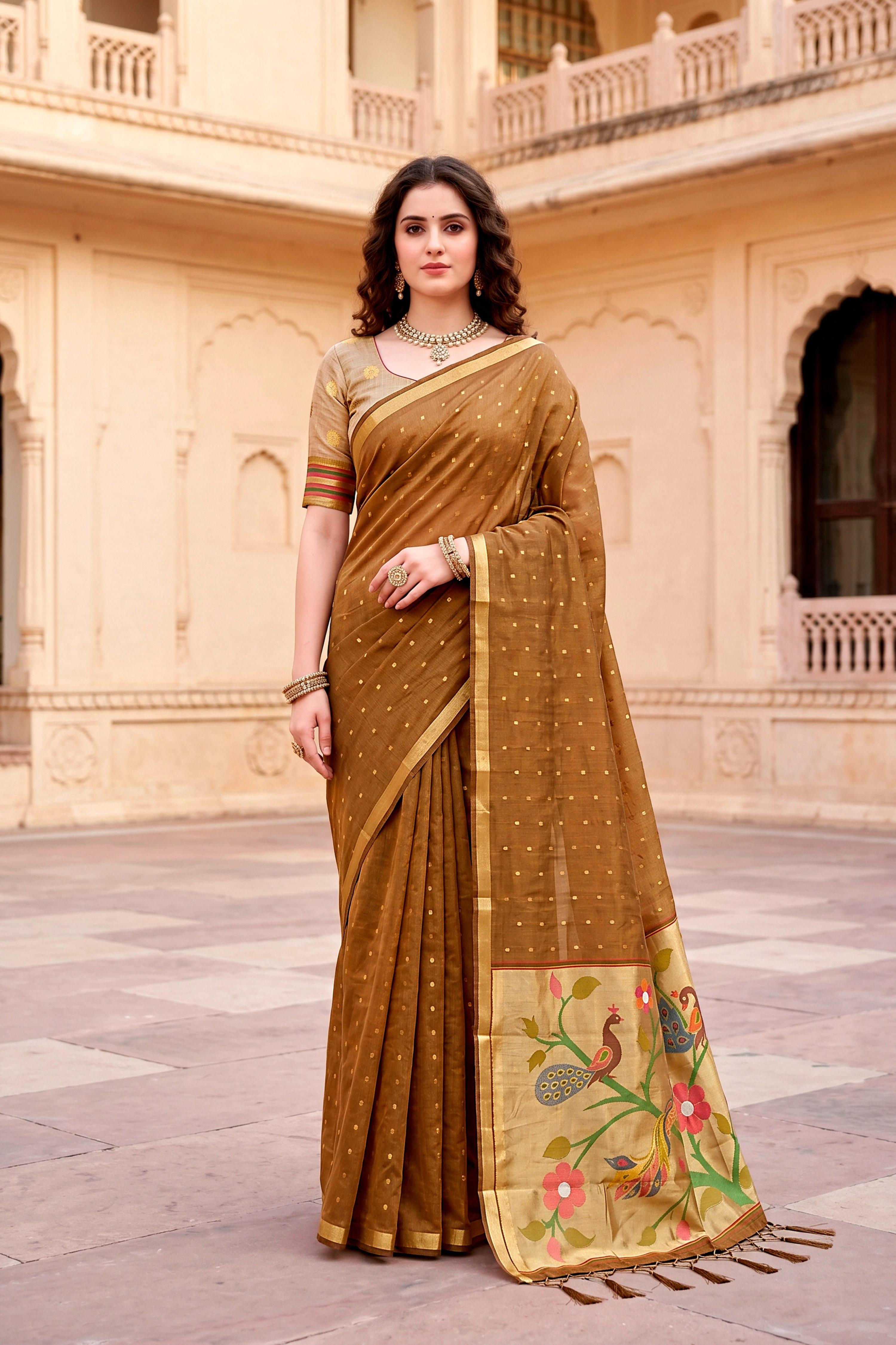 Sangam Prints Mustard Brown Cotton Blend Woven Work Traditional Saree - Dista