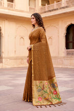Thumbnail for Sangam Prints Mustard Brown Cotton Blend Woven Work Traditional Saree - Dista
