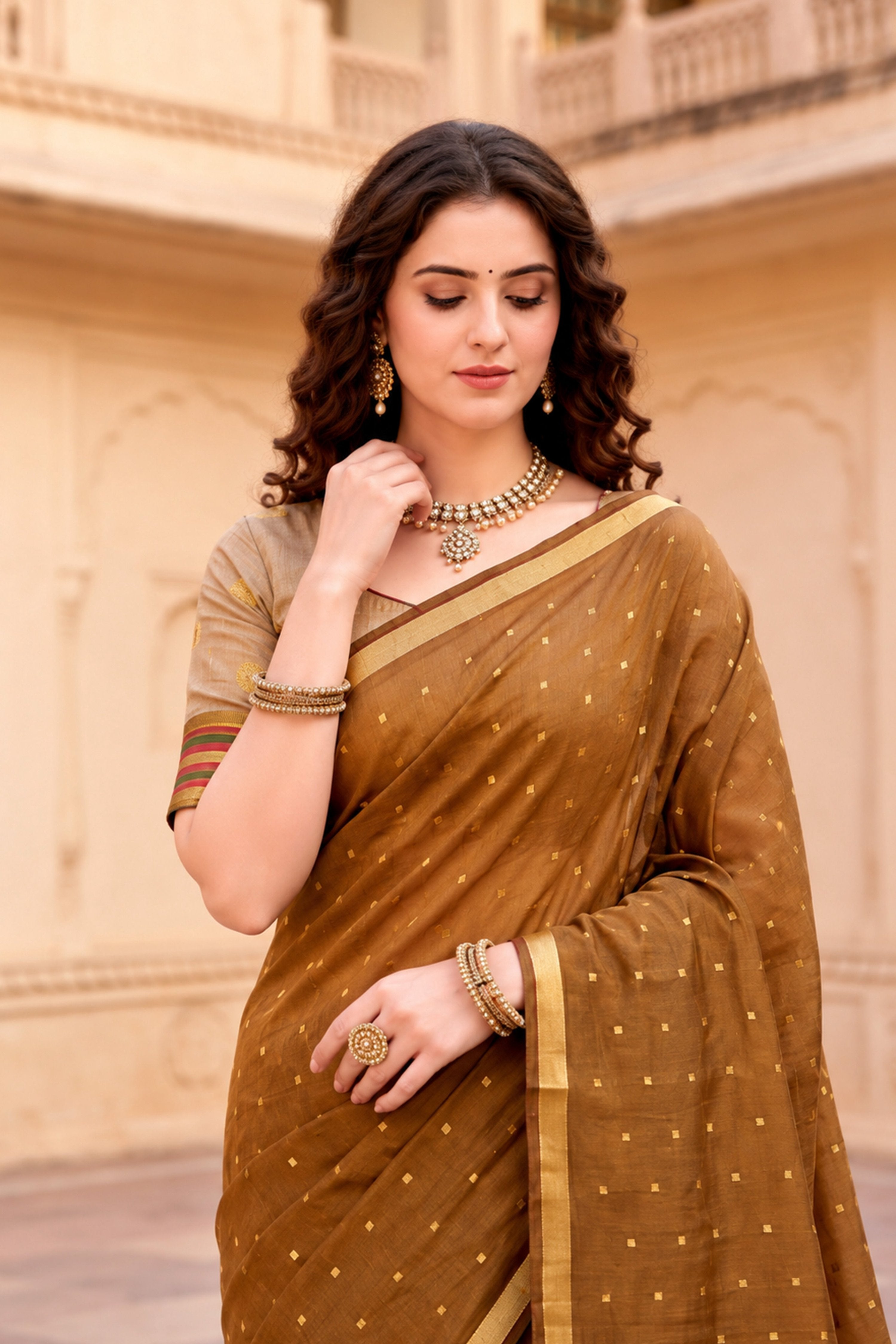 Sangam Prints Mustard Brown Cotton Blend Woven Work Traditional Saree - Dista
