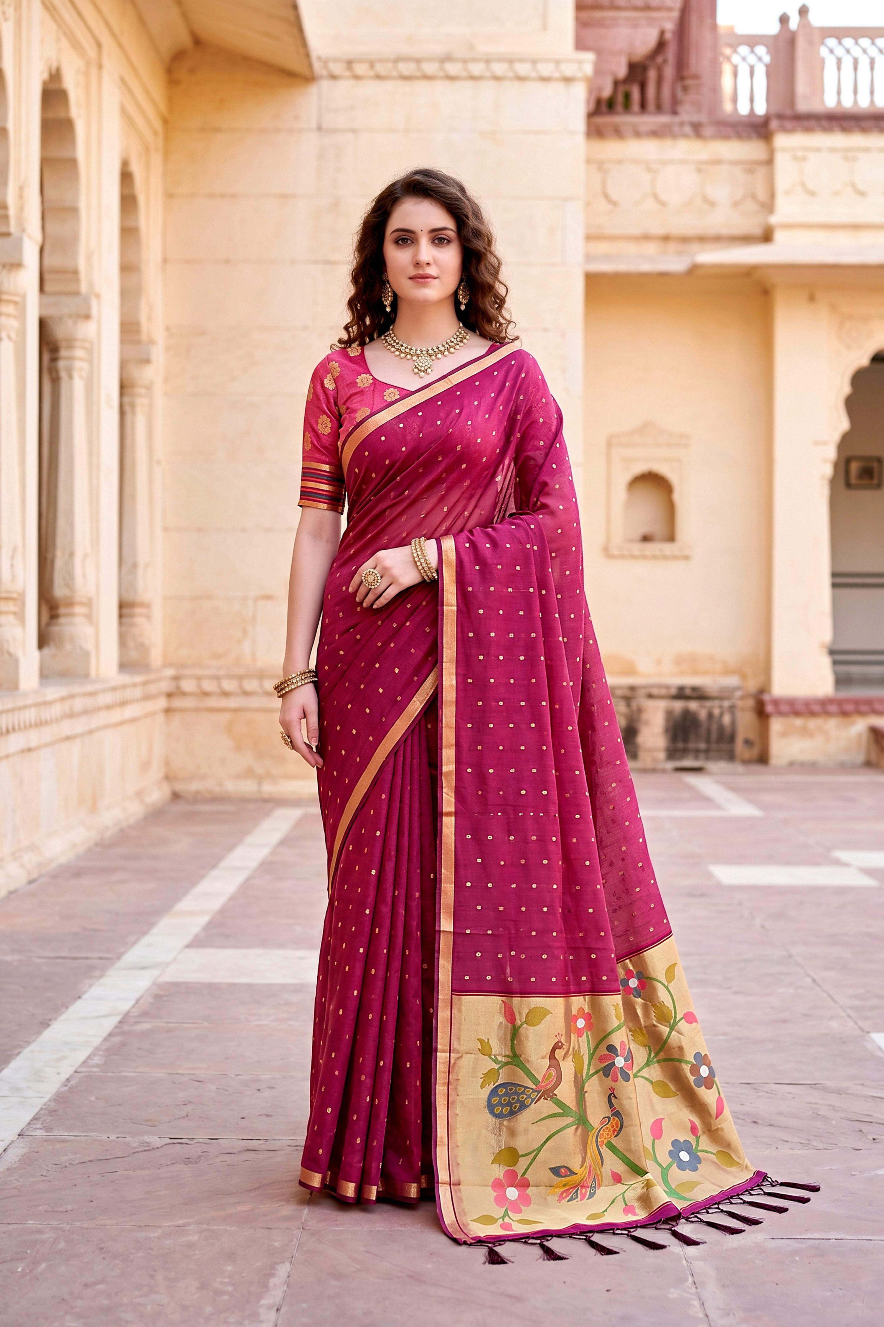 Sangam Prints Pink Cotton Blend Woven Work Traditional Saree - Dista